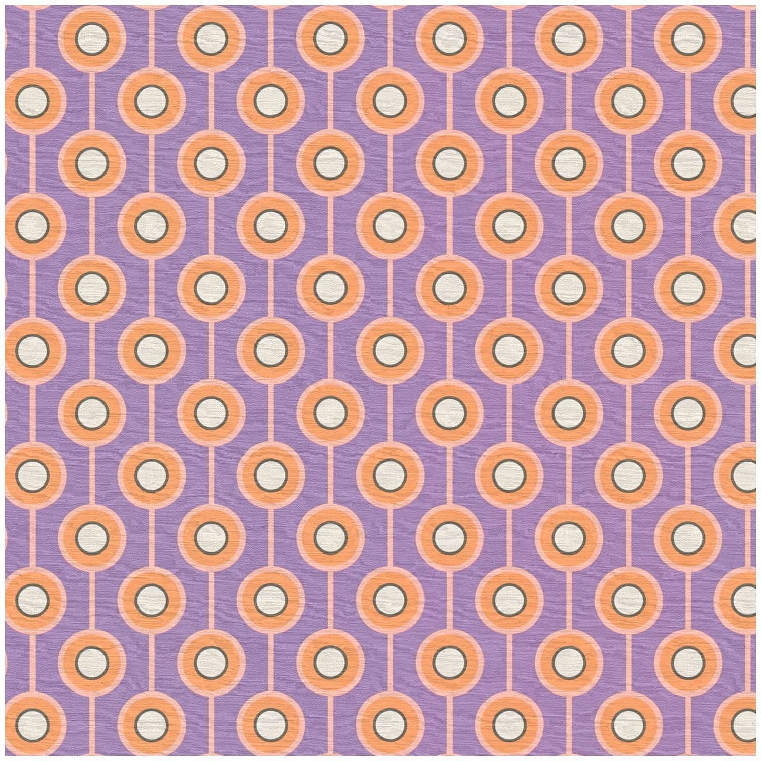 Profhome Vliestapete 395372-GU Retro Tapete geometrisch matt lila safran-gelb creme-weiß, geprägt, (1 Rolle, 4,51 qm), heißgeprägte Vliestapete, violett