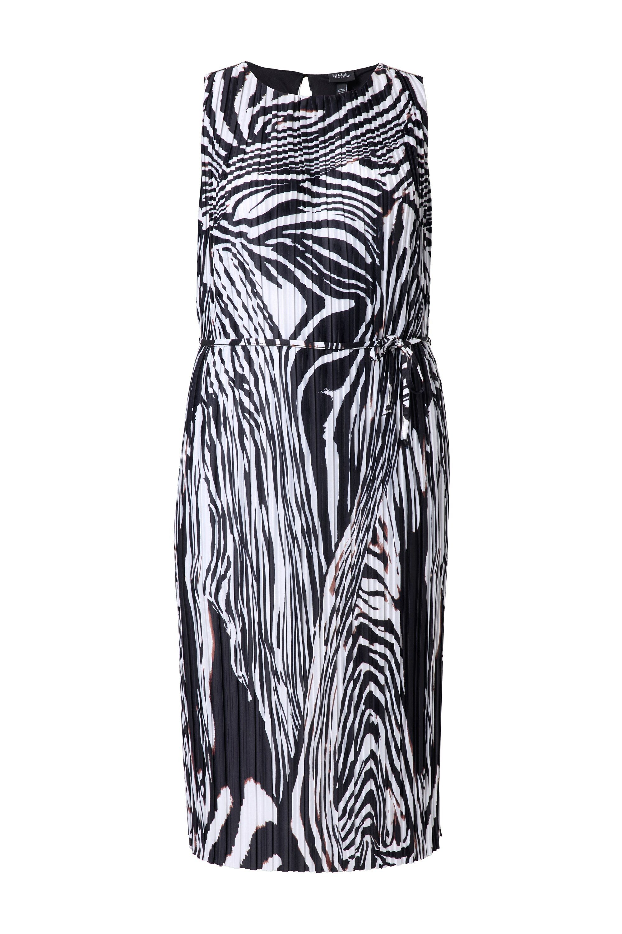 Ulla Popken Midikleid Midi-Plisseekleid Zebramuster Rundhals ärmellos
