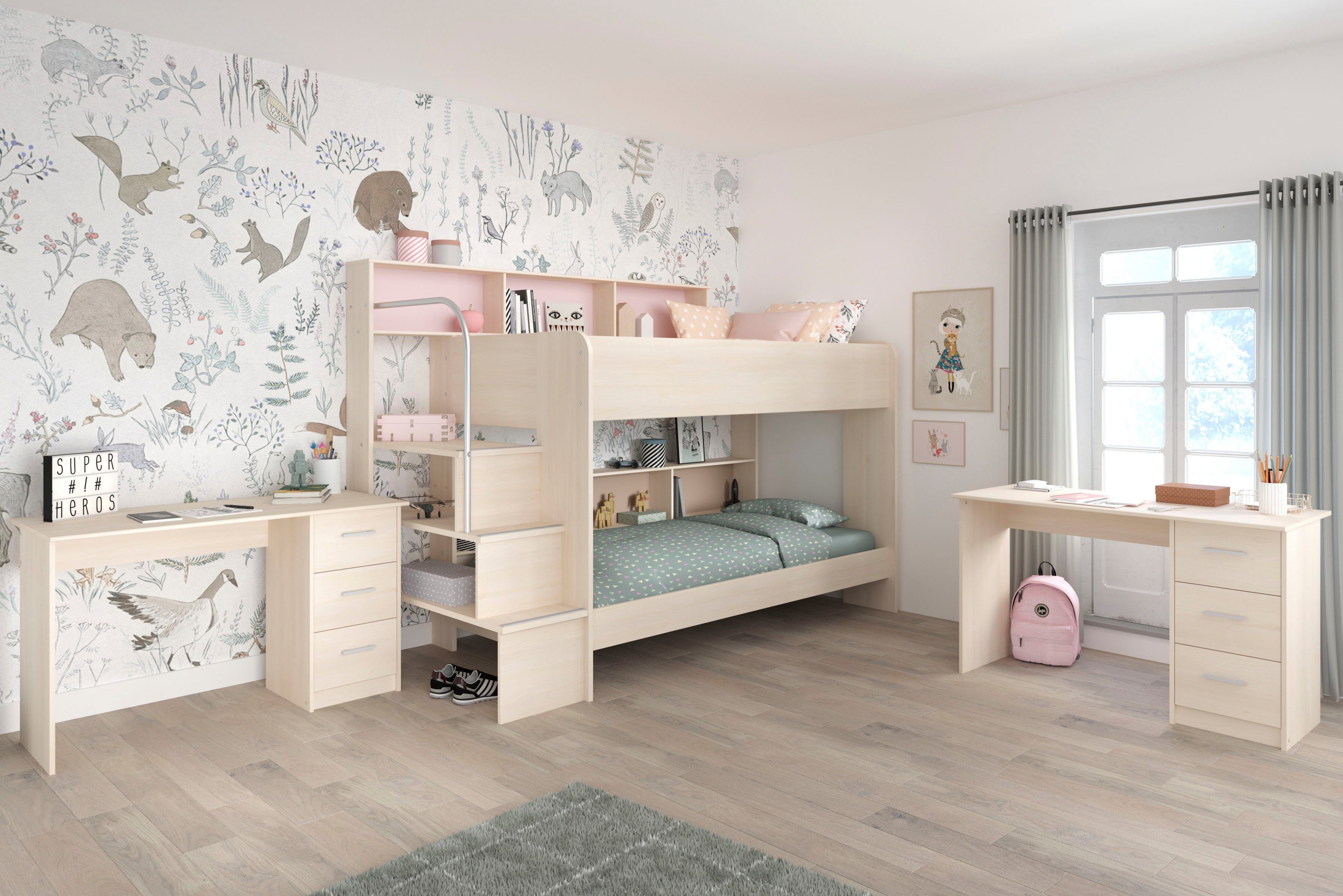 Parisot Jugendzimmer-Set Bibop, (3-St., Etagenbett, zwei Schreibtische), mit 2 Schreibtischen