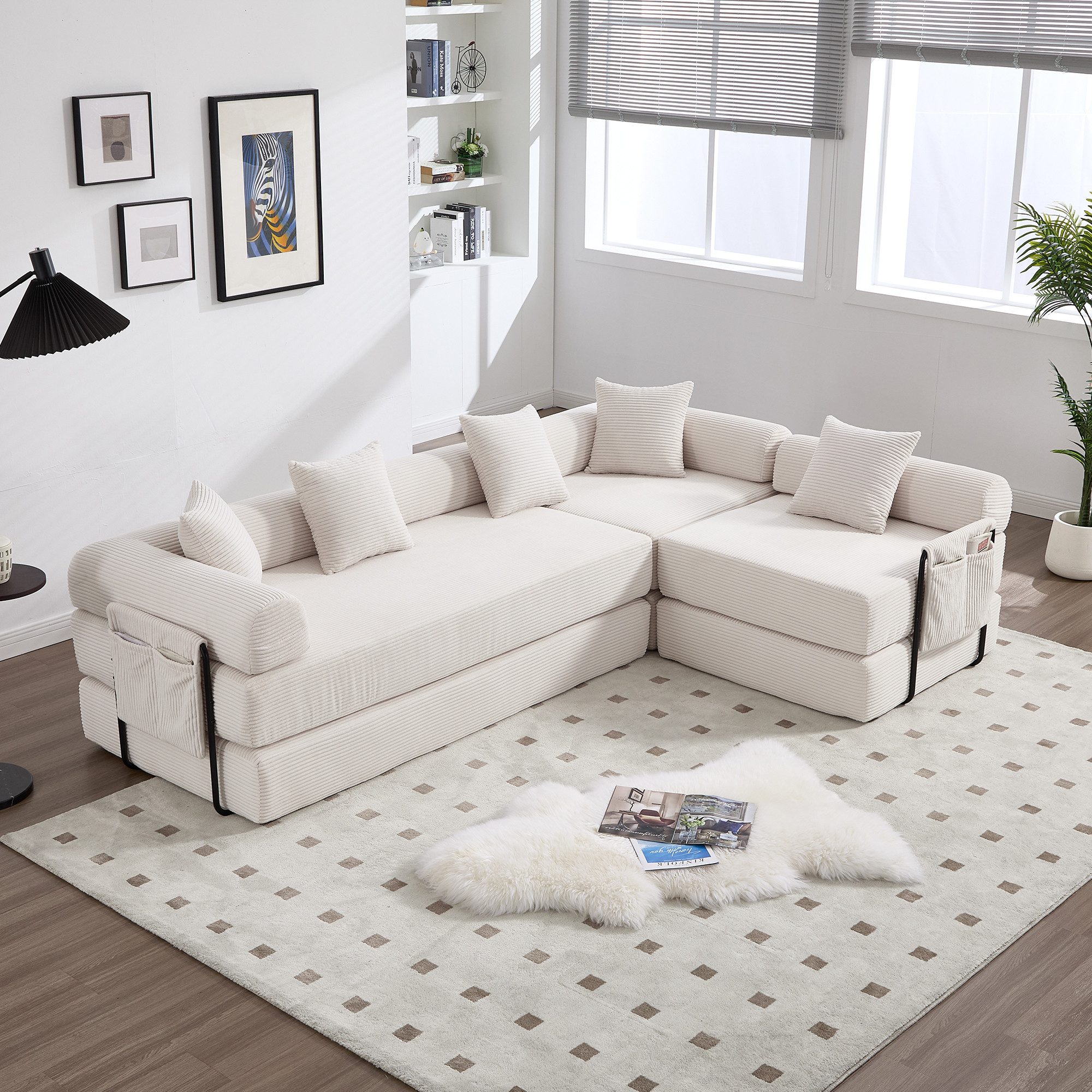 Odikalo Ecksofa 4 Sitzer Modulares Sofa mit Schlaffunktion merhfarbig, Gemütliches Familiensofa mit Stauraum & modularer Funktion – vakuumverpackt für mühelose Montage, frei kombinierbare Module und haustierfreundlich. Perfekt für entspannte Momente