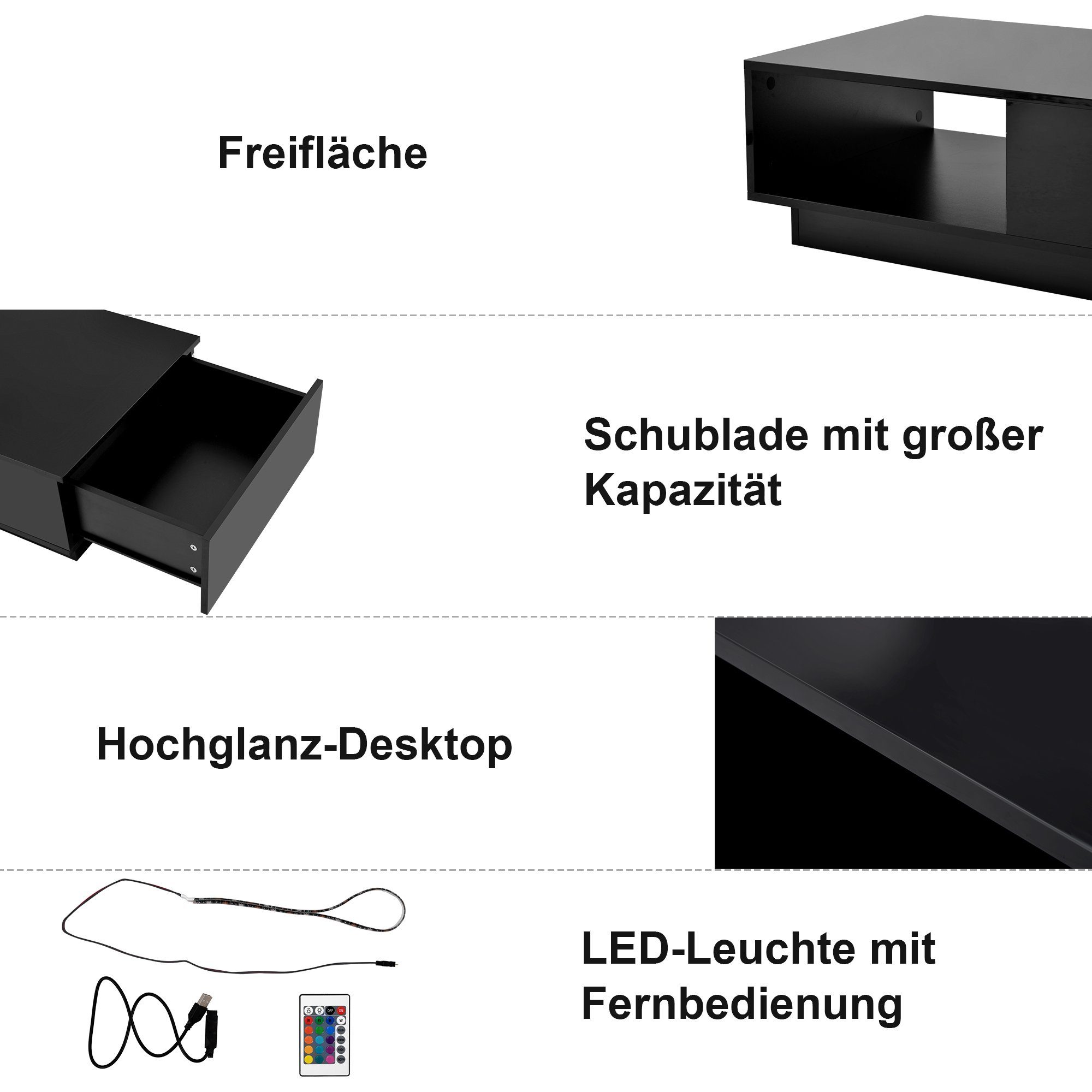 mit großen Merax Schublade Wohnzimmertisch Schwarz Couchtisch Farben inkl. LED-Beleuchtung hochglanz Stauraum 15 und Fernbedienung, mit