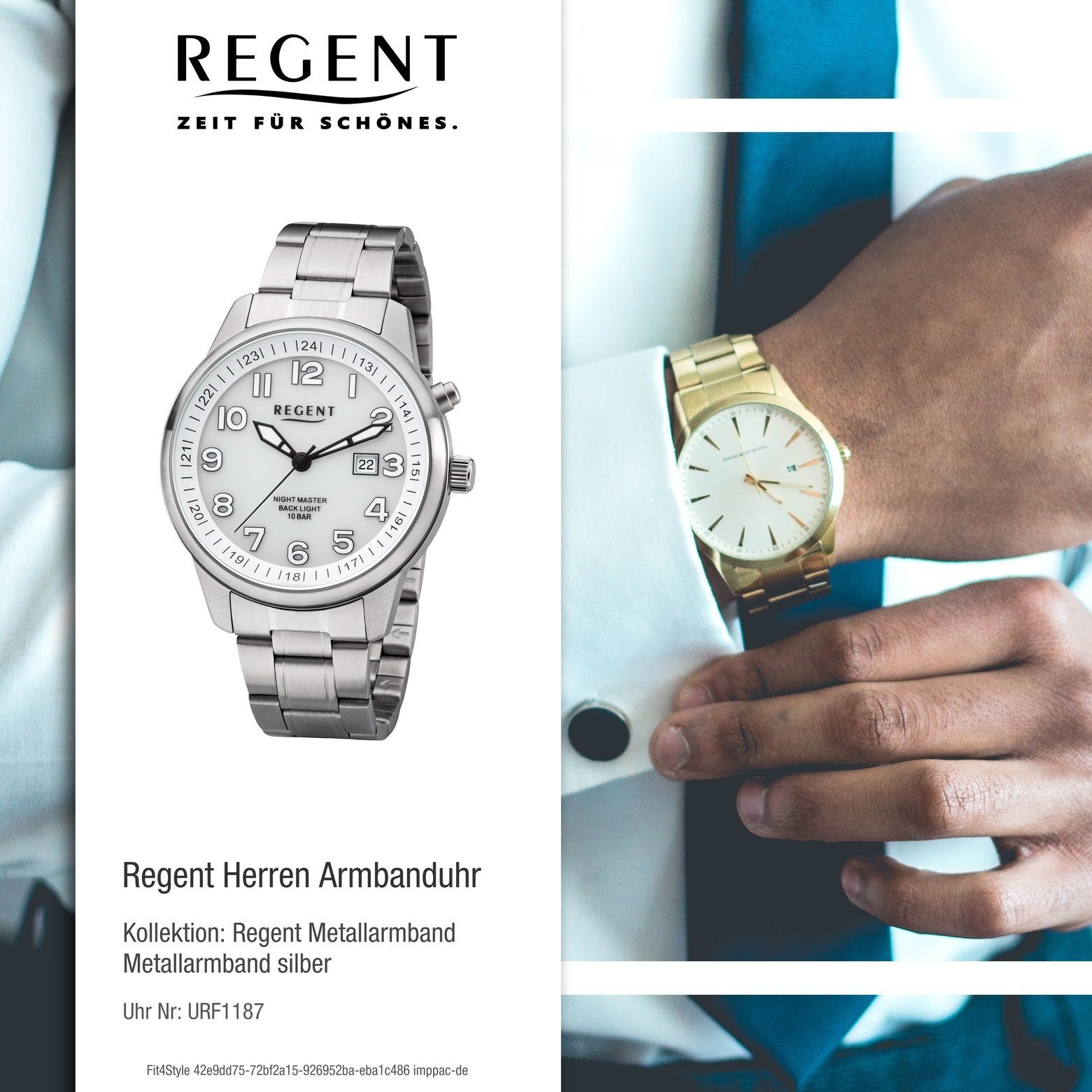 Regent Quarzuhr Regent Metallarmband rund, Metall F-1187 (ca. 41mm), Uhr groß Herren Herren Quarz, Armbanduhr