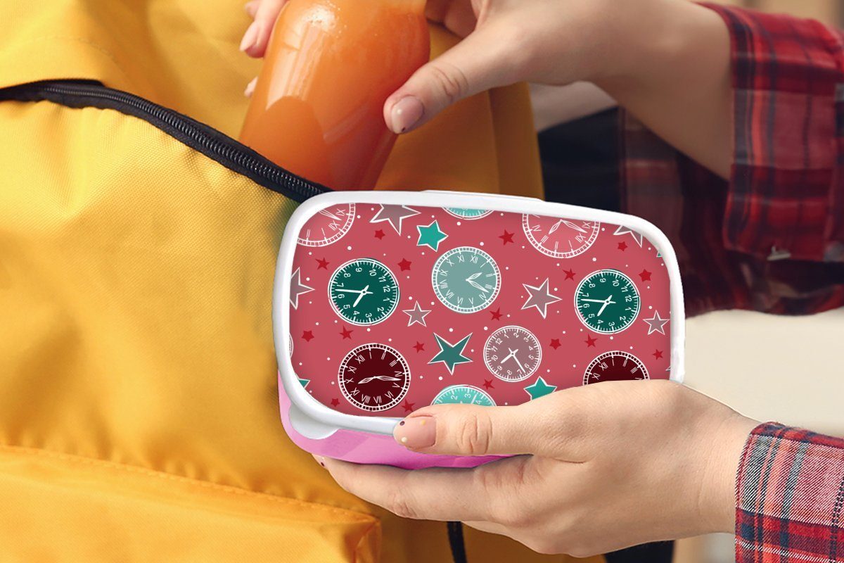 Lunchbox - Kunststoff Brotdose für Muster Kunststoff, Brotbox - Erwachsene, - Mädchen, Sterne, Rosa Kinder, Snackbox, Uhr (2-tlg), MuchoWow