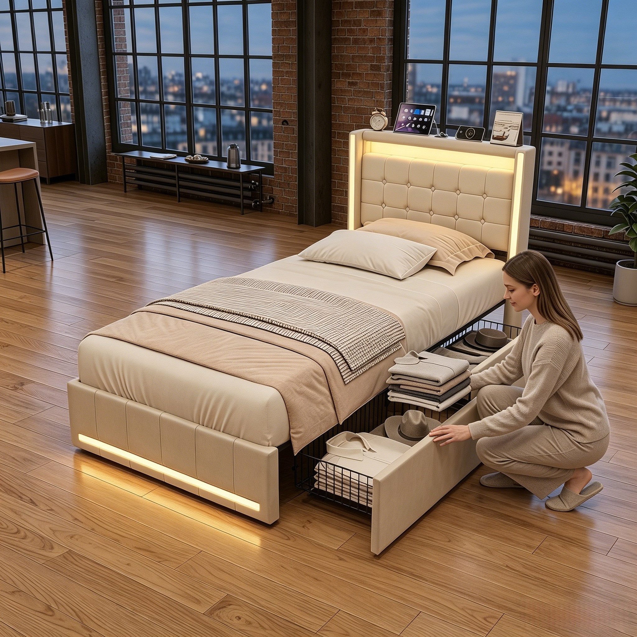 Furnishings Home Polsterbett LED Doppelbett Stauraumbett mit Kopfteil und 4 Schubladen (Leinenmaterial Polsterbett mit RGB Beleuchtung), mit Lattenrost und Ladefunktion, mit Komforthöhe, Leises Design Bett