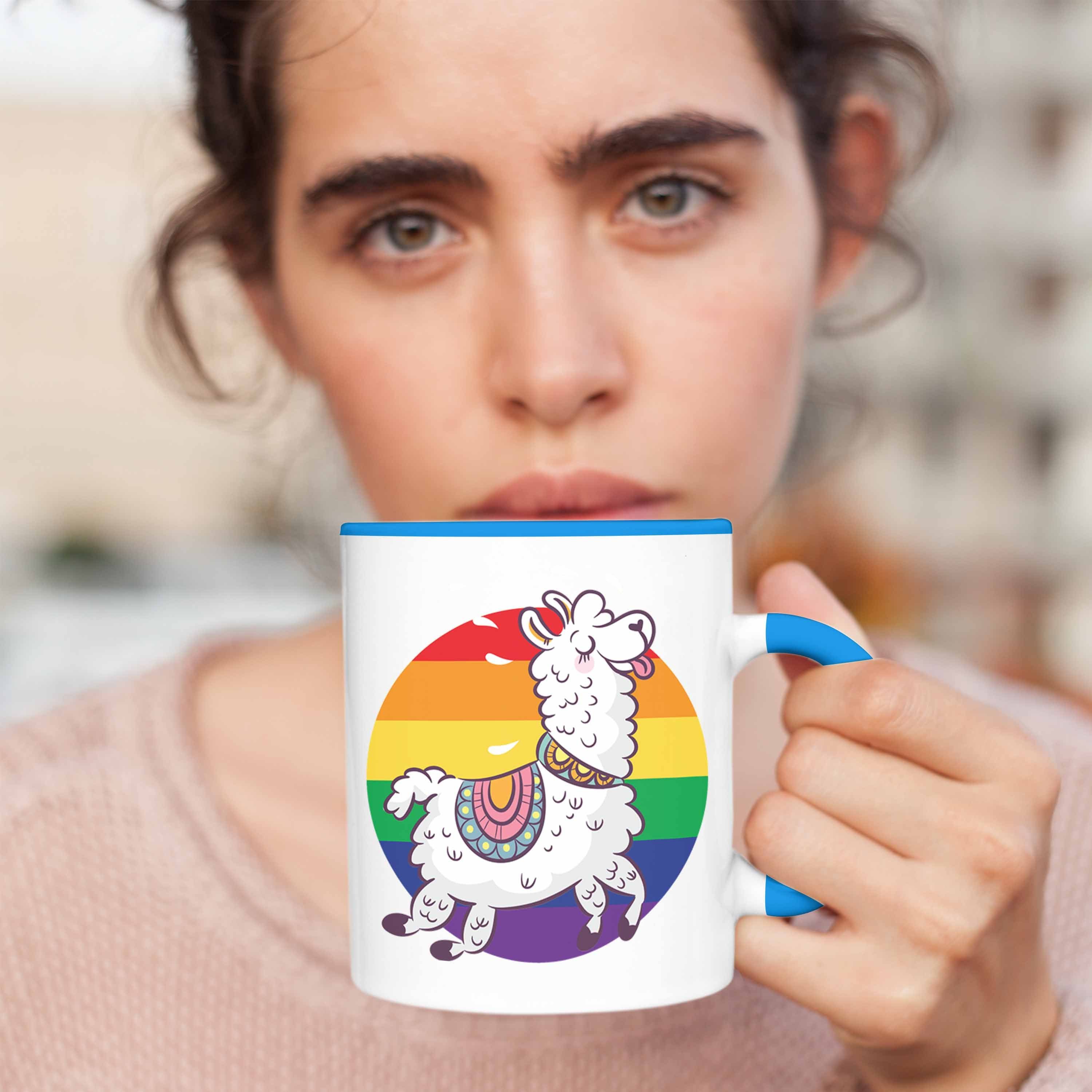 Trendation Tasse Trendation - Pride Lesben Regenbogen Grafik Tolles Schwule Transgender Blau Tasse LGBT Geschenk Llama