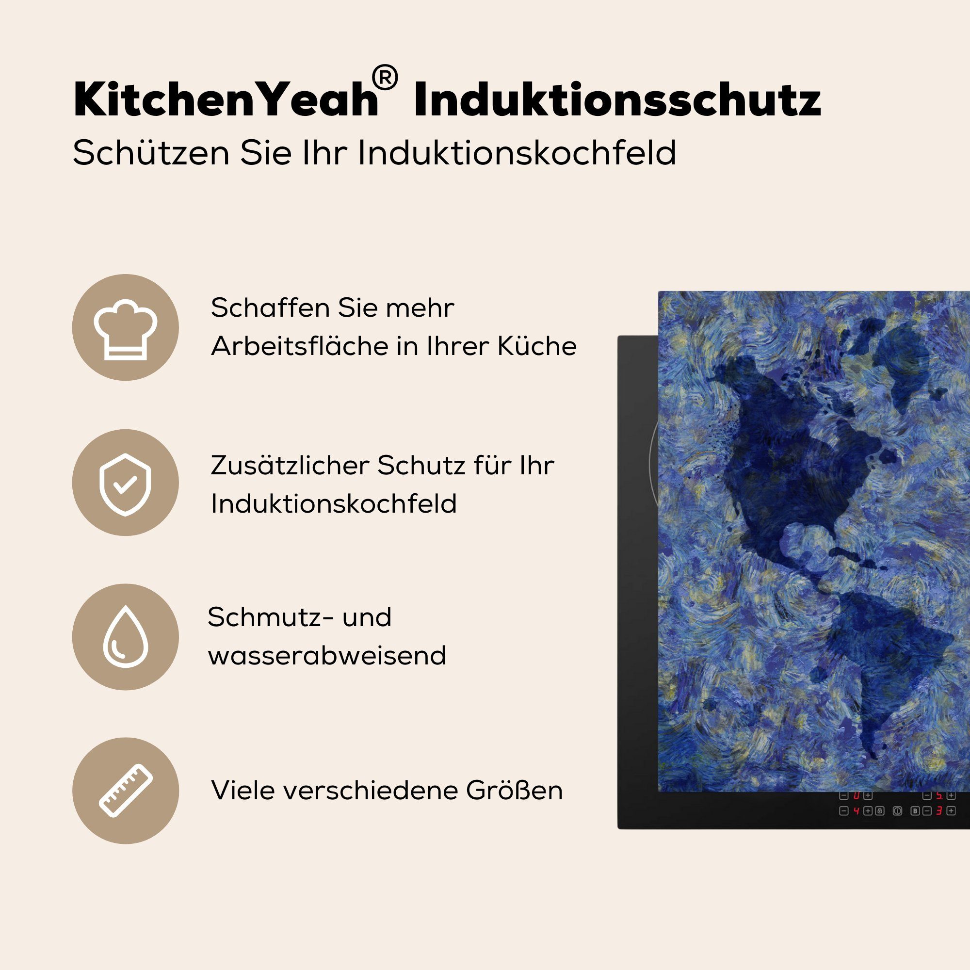 MuchoWow Herdblende-/Abdeckplatte Weltkarte Van für cm, tlg), (1 küche, Induktionskochfeld - Gogh Ceranfeldabdeckung - Schutz Vinyl, die 81x52 Gemälde