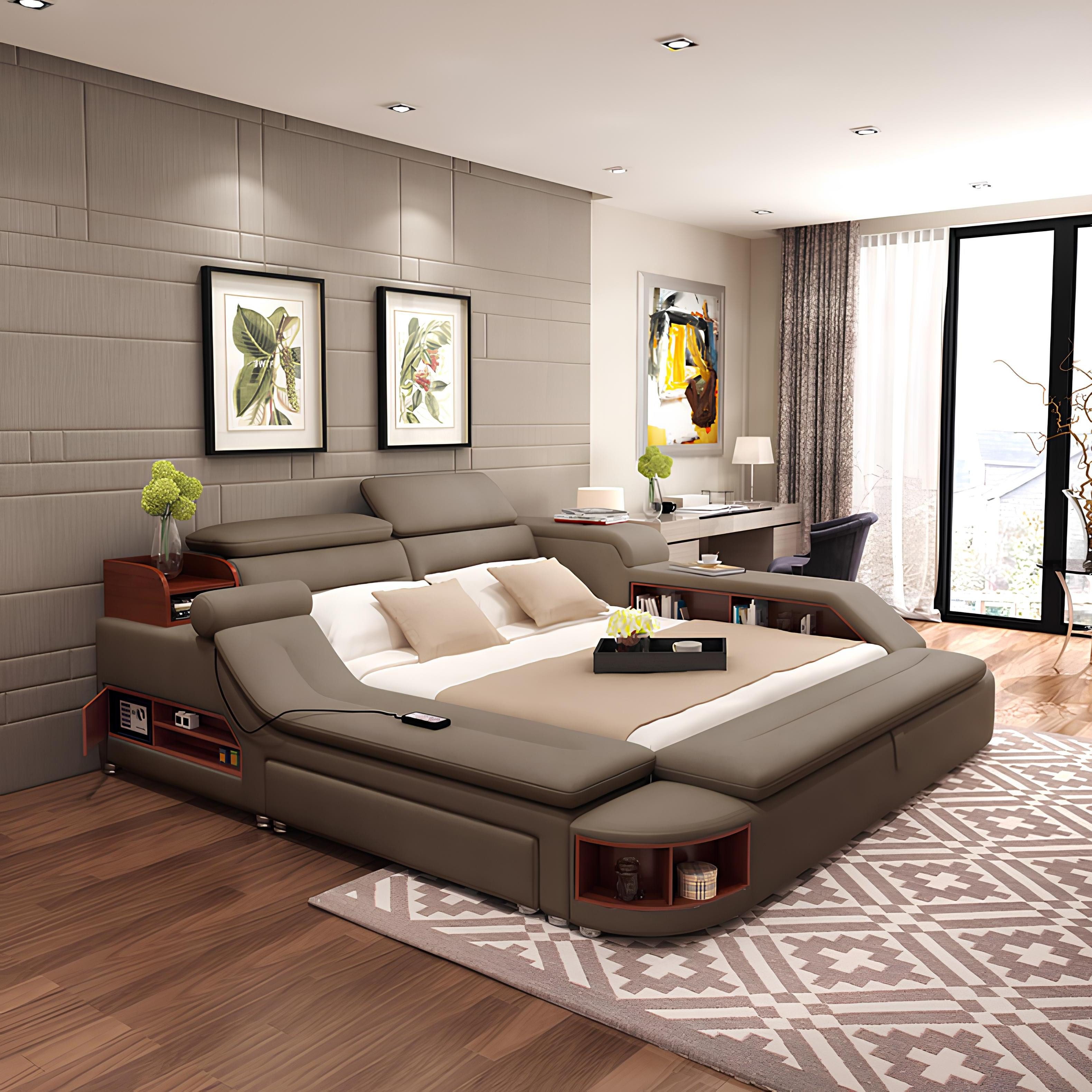 Xlmoebel Bett Modernes Lederbett mit integrierten Lautsprechern und USB-Anschluss (Multifunktions Bett), Hergestellt in Europa