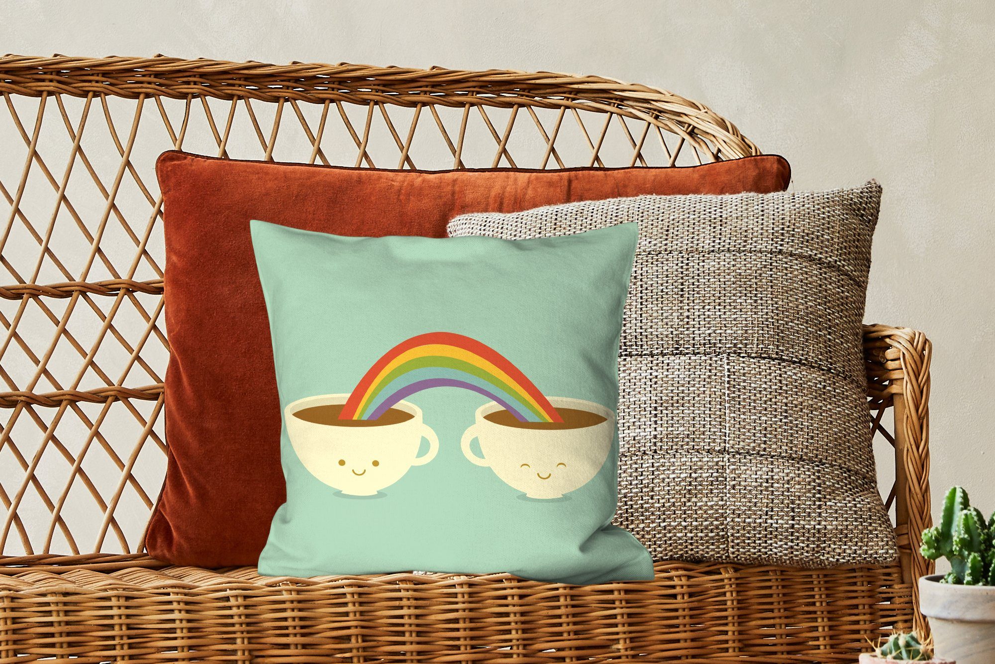 eines Illustration Schlafzimmer, Dekokissen Deko, Füllung Eine Zierkissen mit Tassen MuchoWow über Kaffee, Sofakissen für zwei Wohzimmer, Regenbogens