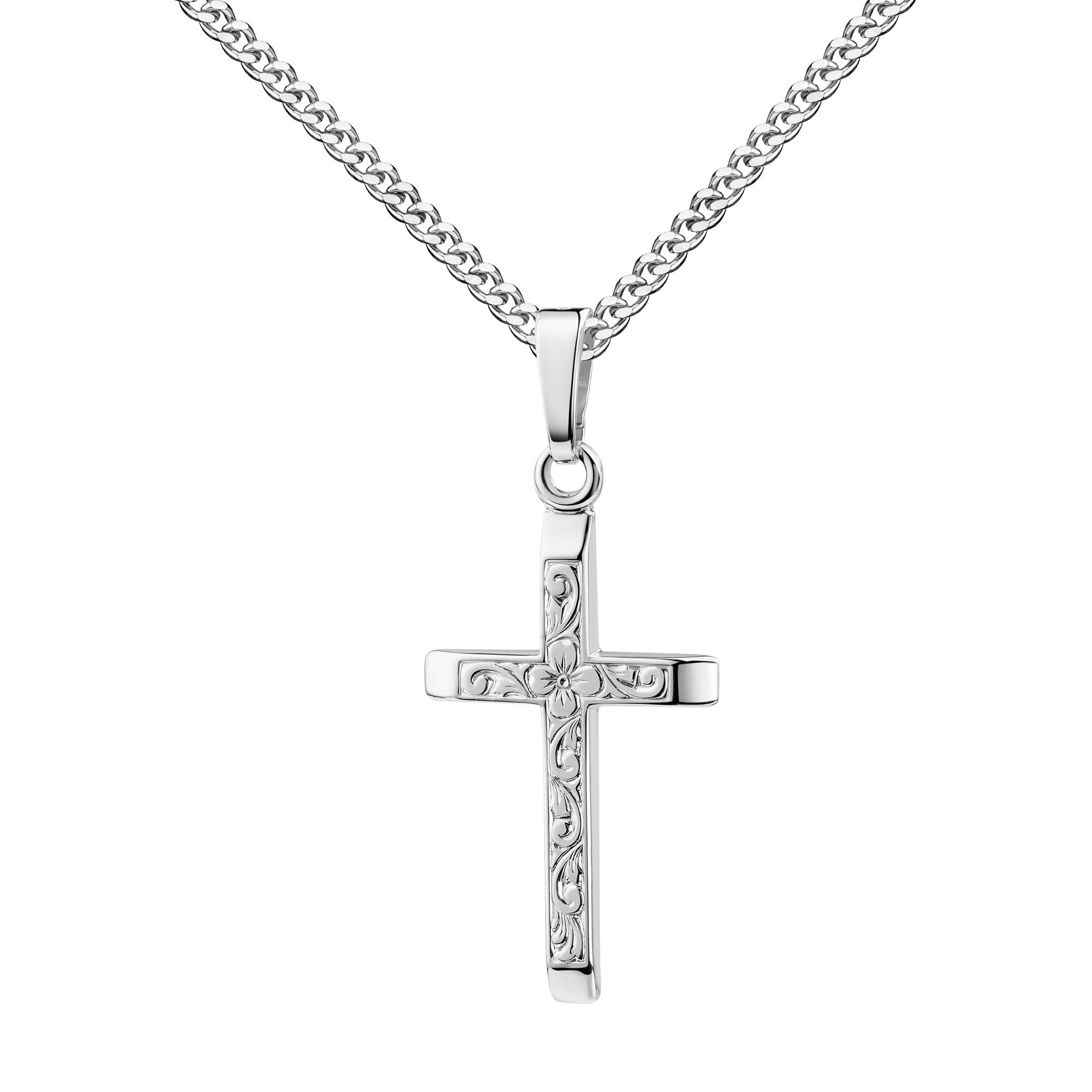 JEVELION Kreuzkette Anhänger-Kreuz - Pflanzen-Ornament-Verzierung 925 Sterlingsilber (Silberanhänger, für Damen und Mädchen), Mit Silberkette 925 - Länge wählbar 36 - 70 cm oder ohne Kette.