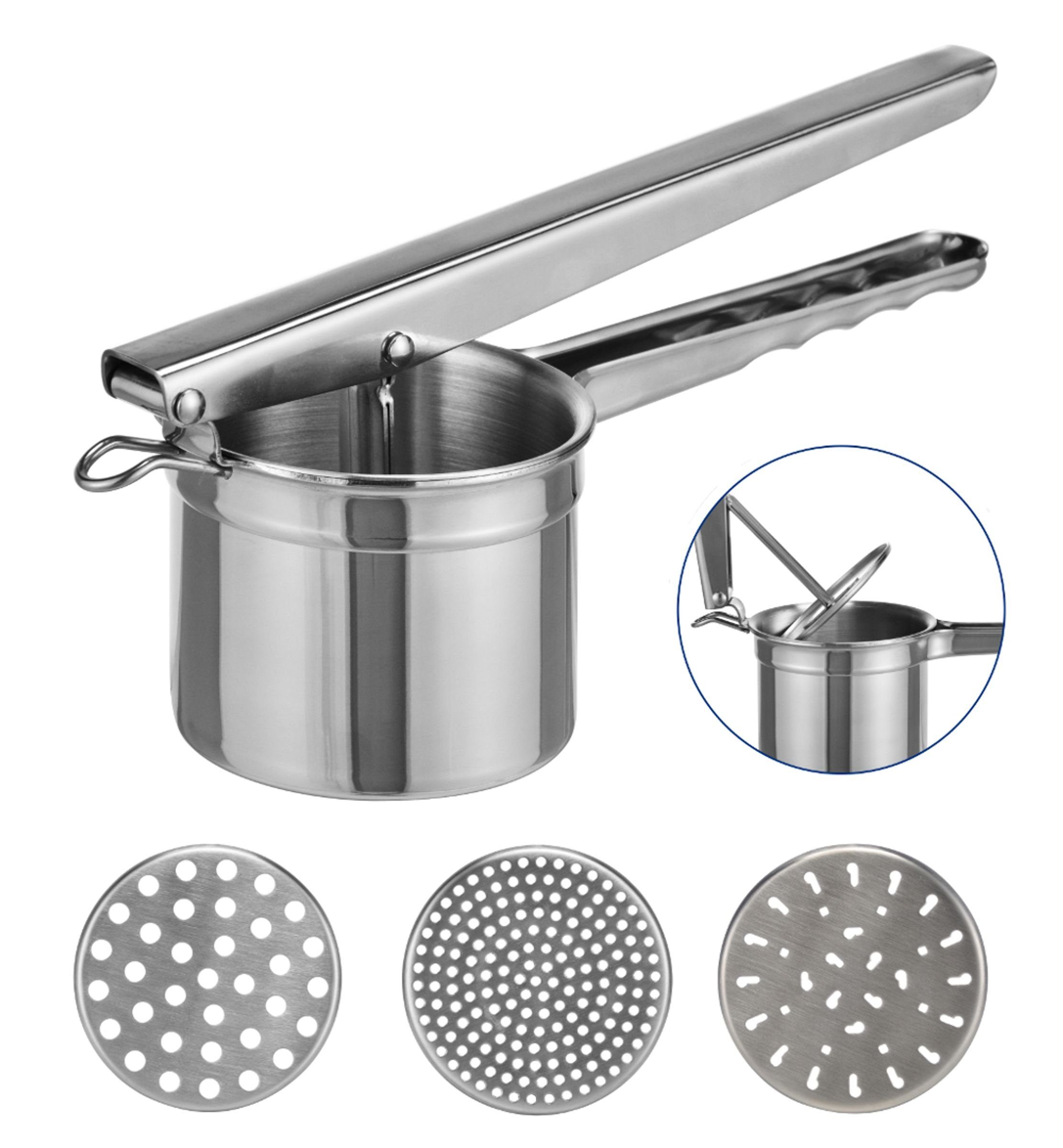 Haushalt International Kartoffelpresse Edelstahl Kartoffelpresse Spätzlepresse 3 Locheinsätze