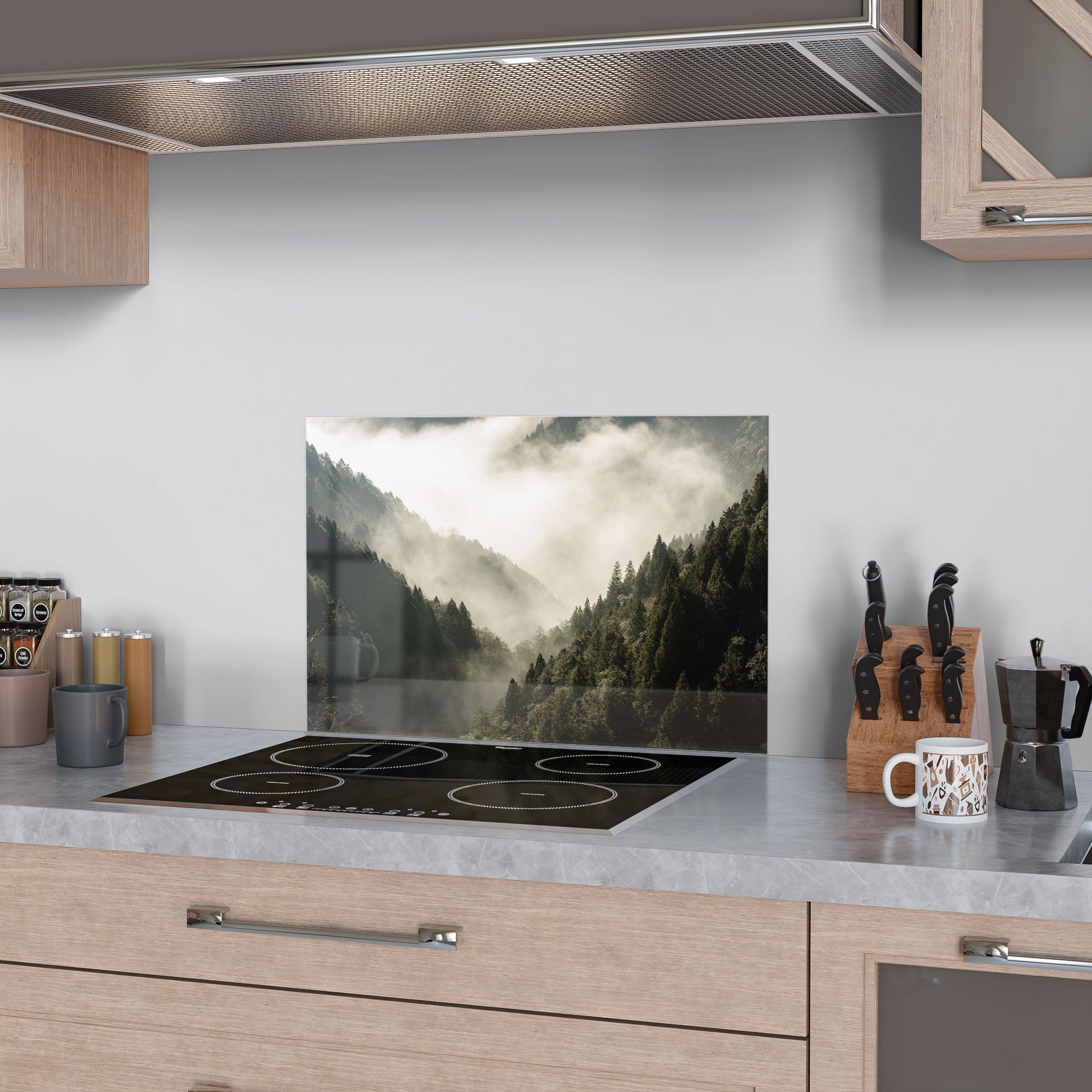 Bergen', Glas 'Nebel Badrückwand Küchenrückwand in Herdblende den Spritzschutz DEQORI