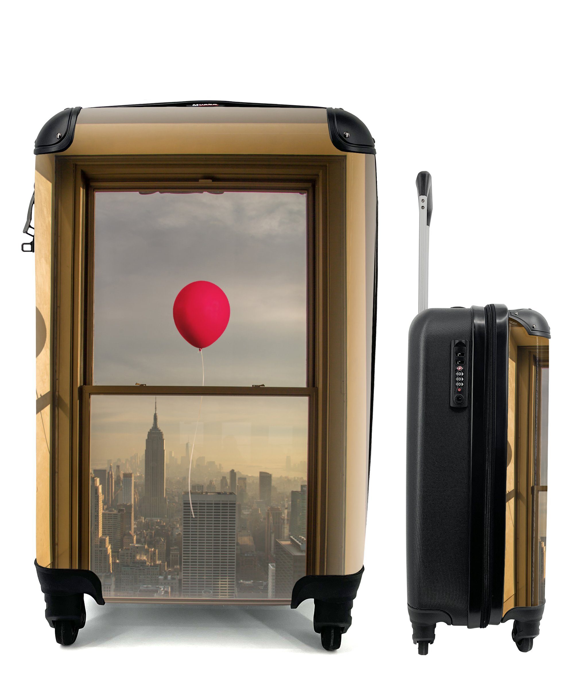 MuchoWow Handgepäckkoffer Roter Ballon fliegt an Fenster in New York vorbei, 4 Rollen, Reisetasche mit rollen, Handgepäck für Ferien, Trolley, Reisekoffer