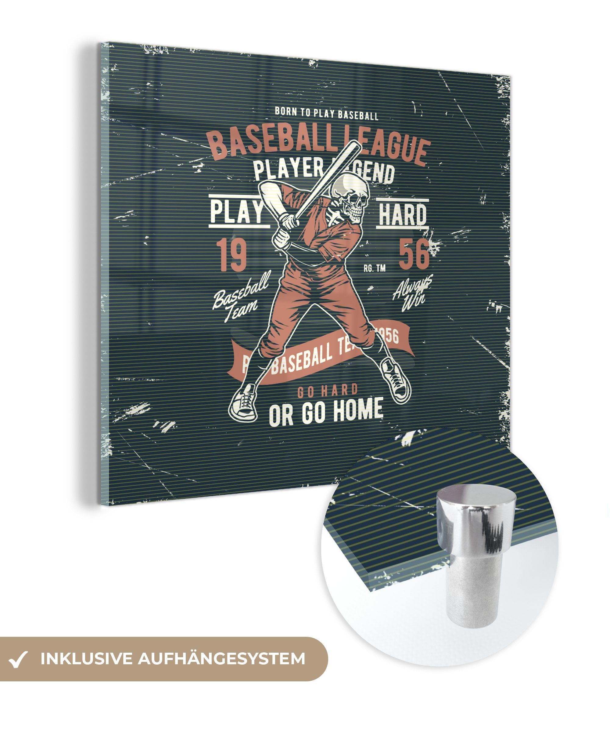 Glasbilder - auf Jahrgang Baseball, Bilder auf (1 - Glas Wandbild - St), Acrylglasbild MuchoWow Foto Glas - Wanddekoration - Skelett