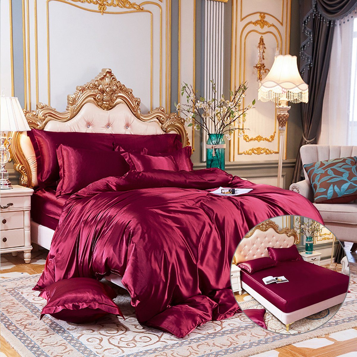 DEBAIJIA Bettdecke, Kopfkissen + Topper Satin Seide Bedding 4 teilig Bettwäsche Set Bettbezug Atmungsaktiv