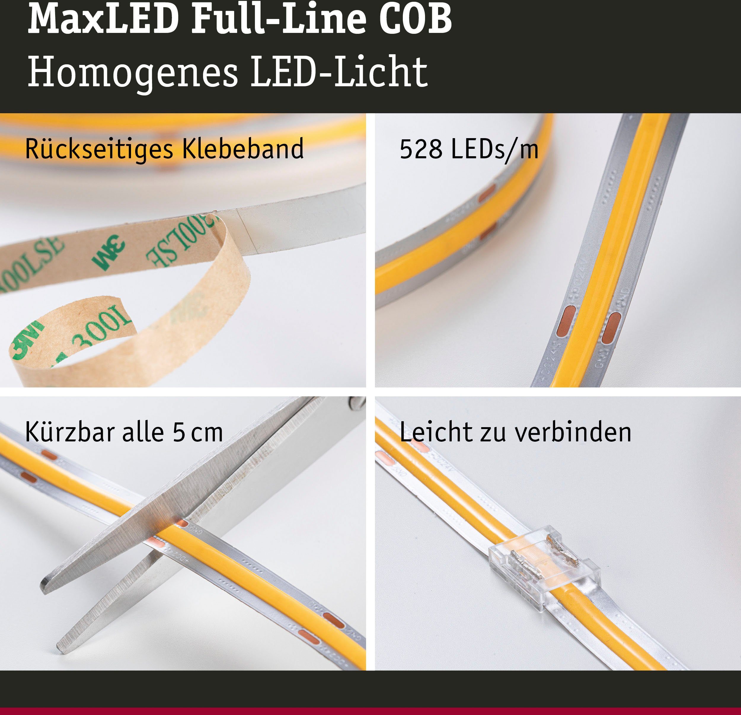 Paulmann LED-Streifen MaxLED COB 2,5m Einzelstripe 500 1-flammig 15W Full-Line 1250lm 2700K, Warmweiß