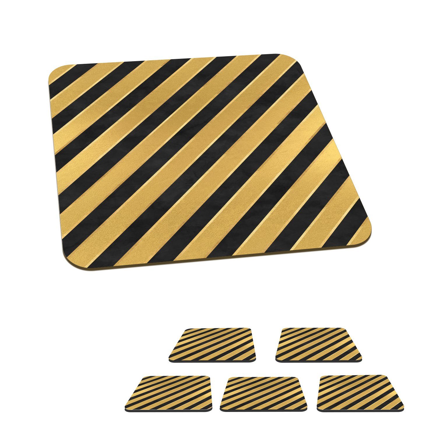 MuchoWow Glasuntersetzer Muster - Streifen - Gold - Schwarz, Zubehör für Gläser, 6-tlg., Glasuntersetzer, Tischuntersetzer, Korkuntersetzer, Untersetzer, Tasse