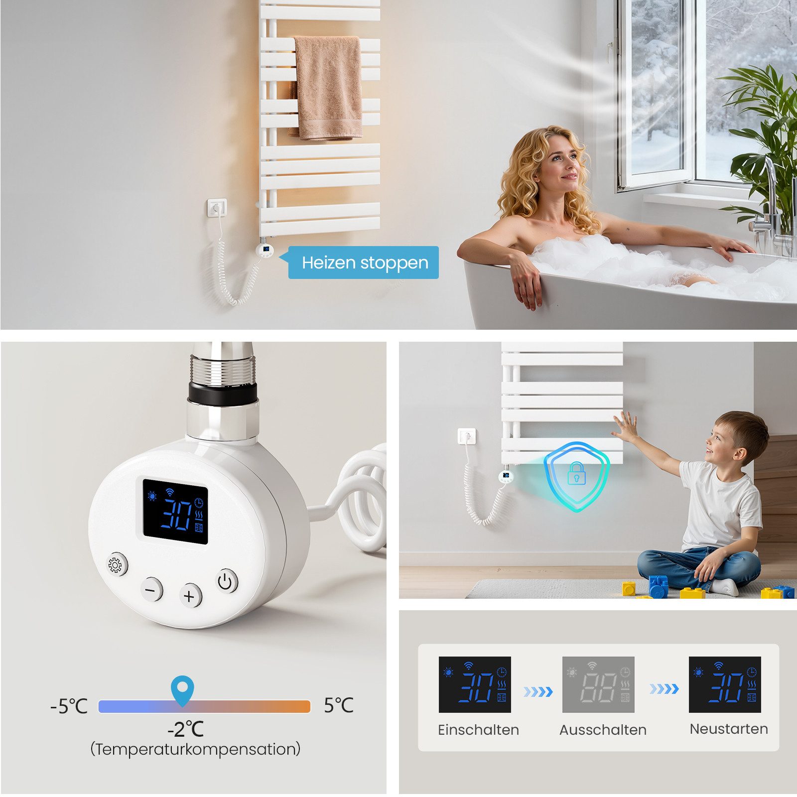 MEYKOERS Elektrischer Badheizkörper Handtuchheizkörper Handtuchtrockner Handtuchwärmer Asymmetrisch, Smart WLAN Badheizkörper mit App-Steuerung, Alexa & Google Home