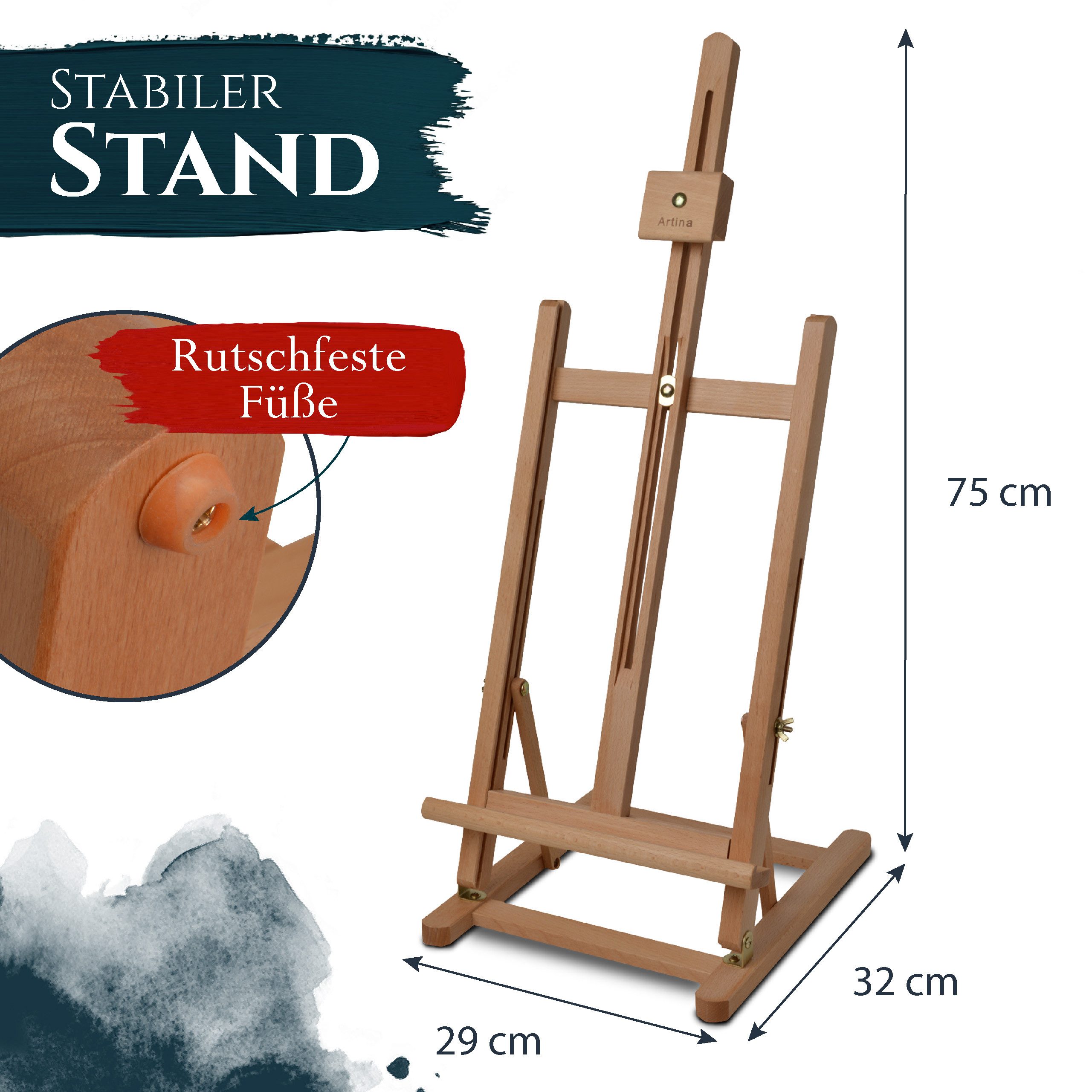 Artina Staffelei Holz Tischstaffelei für Keilrahmen bis zu 57cm Metz, Malstaffelei Holz stabil – Staffelei Buchenholz für Hochzeiten, Präsen