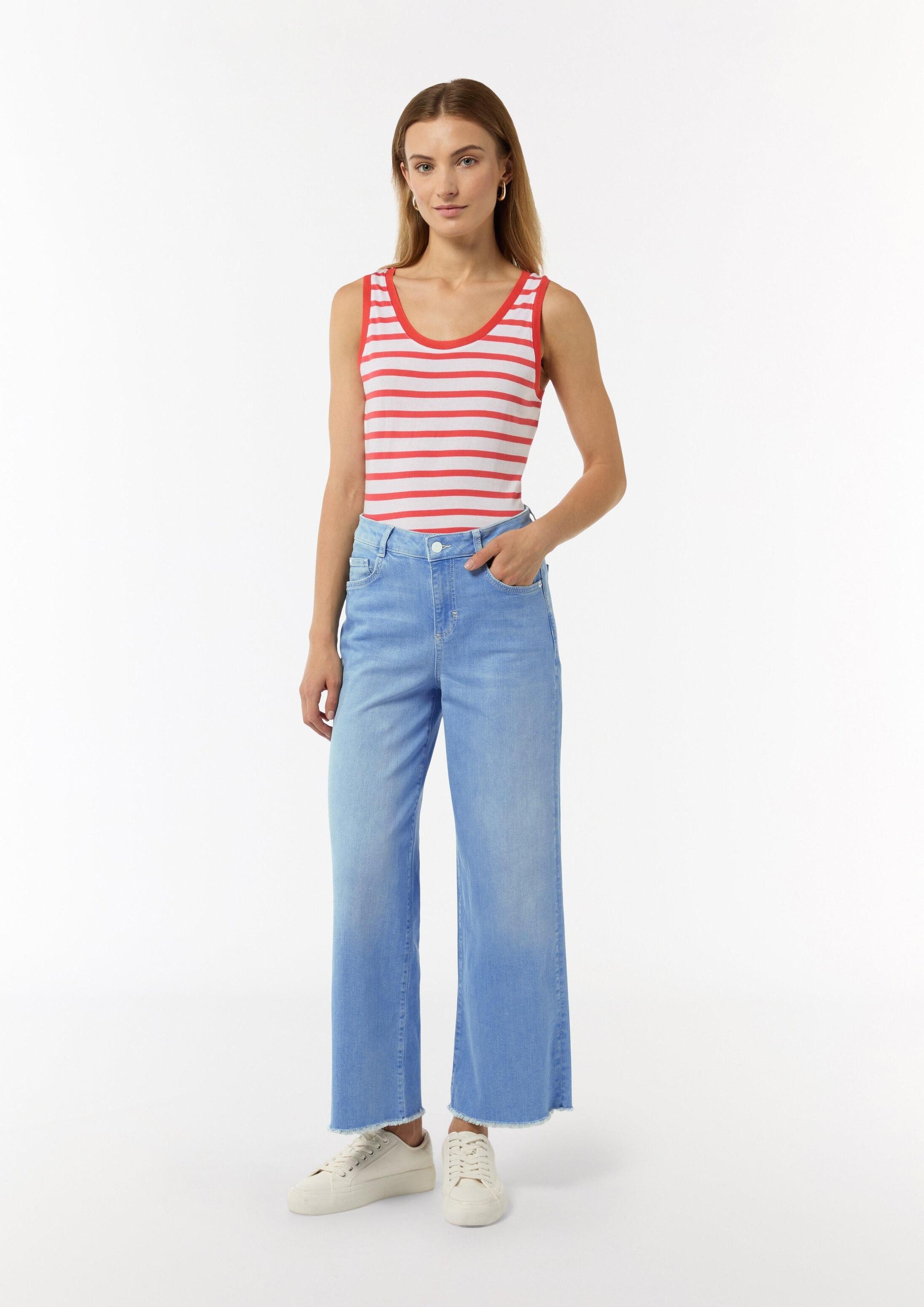 comma Weite Jeans Jeans-Hose Verkürzte Jeans mit Wide Leg und ausgefranstem Saum