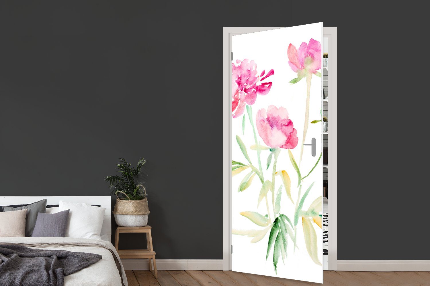 - Türaufkleber, Aquarell Tür, für MuchoWow (1 cm Rosa, Blumen - 75x205 Türtapete St), Matt, bedruckt, Fototapete