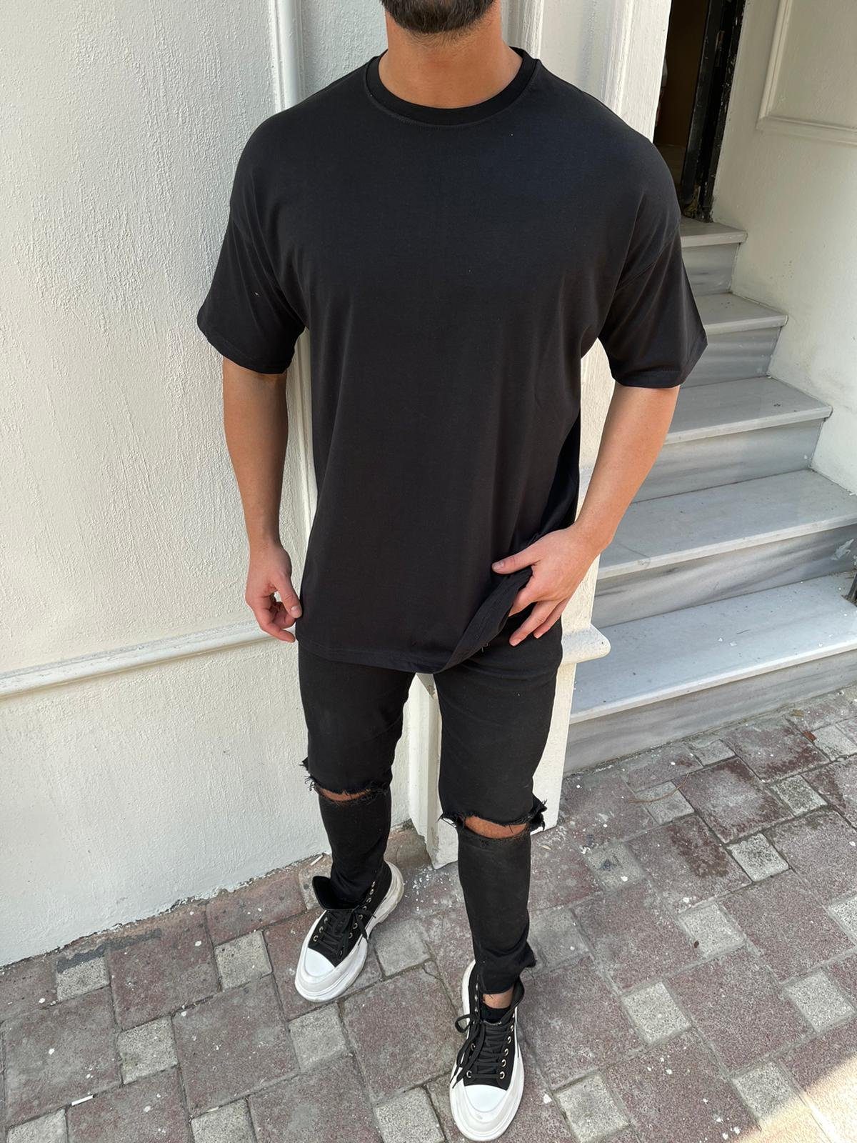 Megaman Jeans Oversize-Shirt Oversize Herren T-Shirt Weiter Auschnitt Extra Lang Rundhals Schwarz