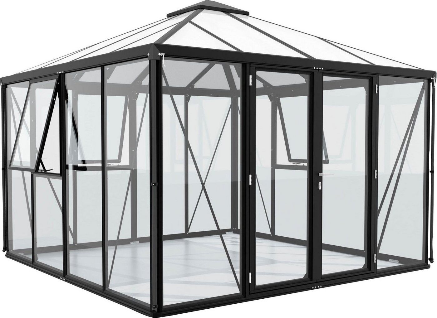 Vitavia Gewächshaus Minos ESG/HKP, schwarz, BxTxH: 317 x 321,5 x 264,5 cm, 3 mm Wandstärke, mit Pavillondach, Wand 3 mm Glas, Dach 10 mm Hohlkammerplatten schwarz Vitavia Gewächshaus Minos ESG/HKP, schwarz, BxTxH: 317 x 321,5 x 264,5 cm, 3 mm Wandstärke, mit Pavillondach, Wand 3 mm Glas, Dach 10 mm Hohlkammerplatten schwarz