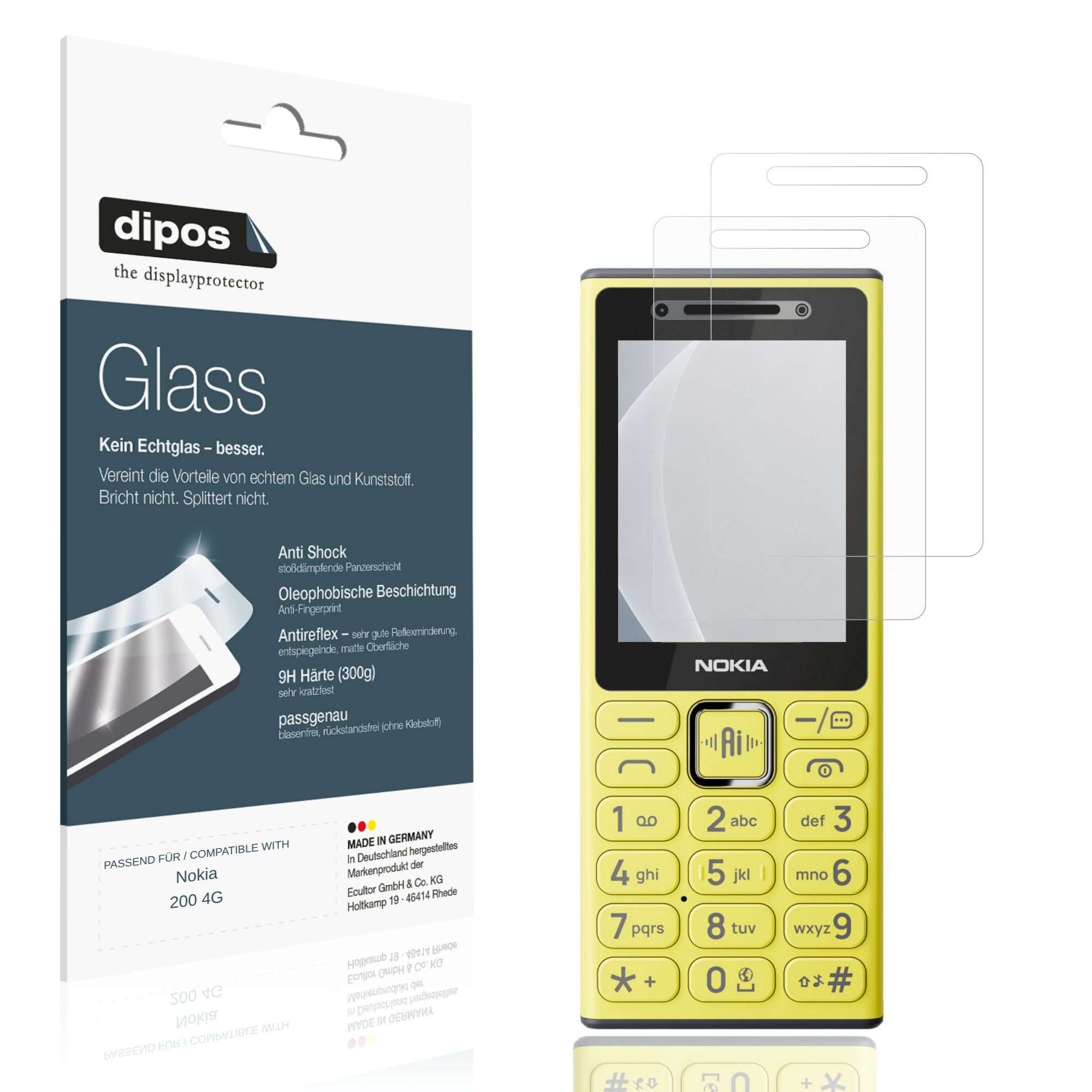 dipos Displayschutzfolie Schutzfolie für Nokia 200 4G, 2 Stück, Displayschutz Schutz Folie Made in Germany