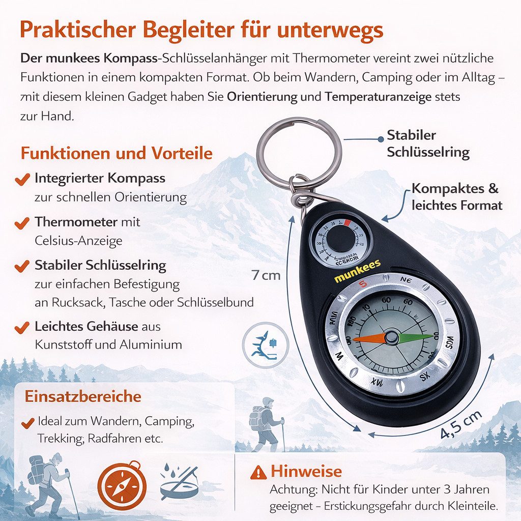 Munkees Kompass munkees Kompass-Schlüsselanhänger-Thermometer, Kompakt, leicht, tragbar