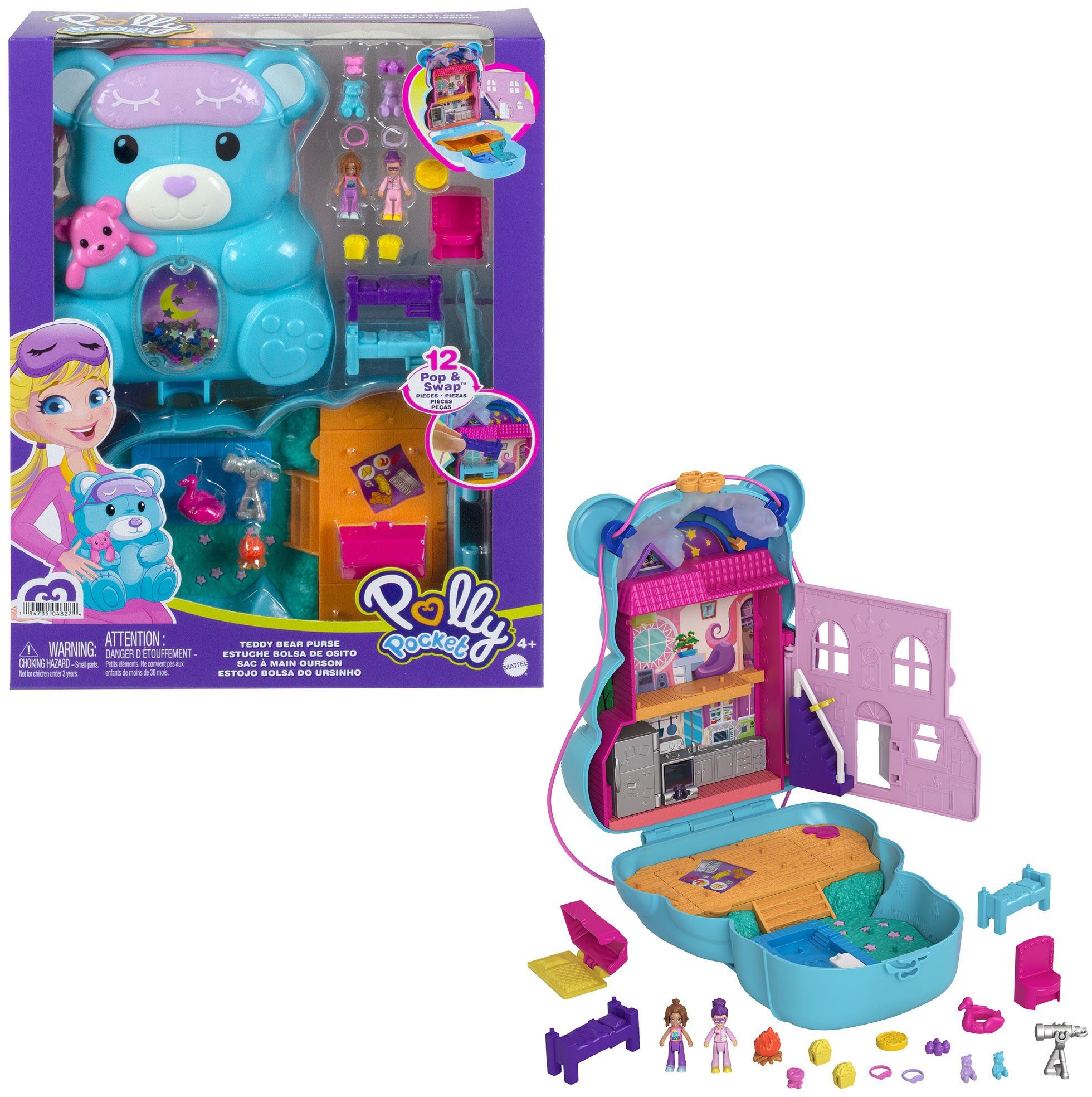 Polly Pocket Spielwelt Sleepover Teddybär-Tasche, mit 2 Figuren und Zubehör