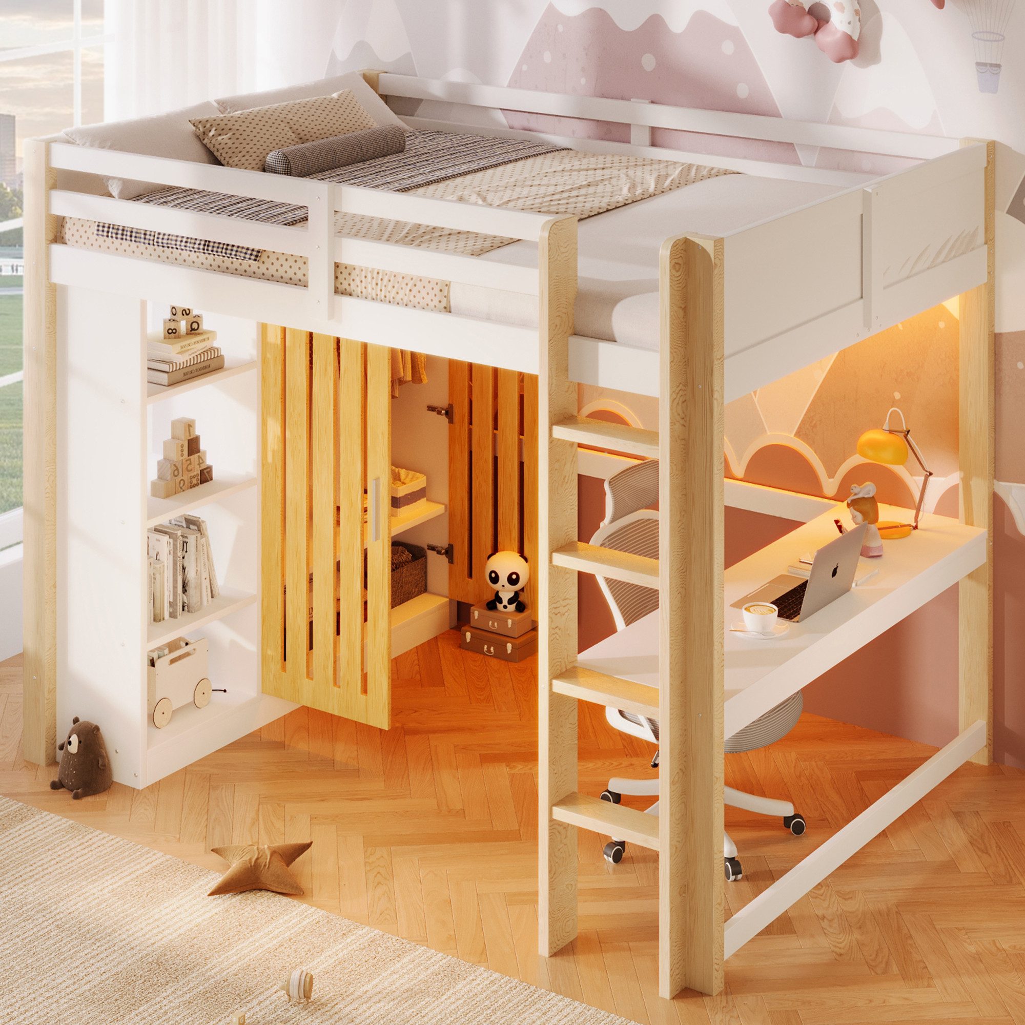 Merax Hochbett mit LED-Beleuchtung (Jugendbett Holzbett, 1-St) Kiefernholz Kinderbett 140x200cm mit Kleiderschrank Regal Schreibtisch