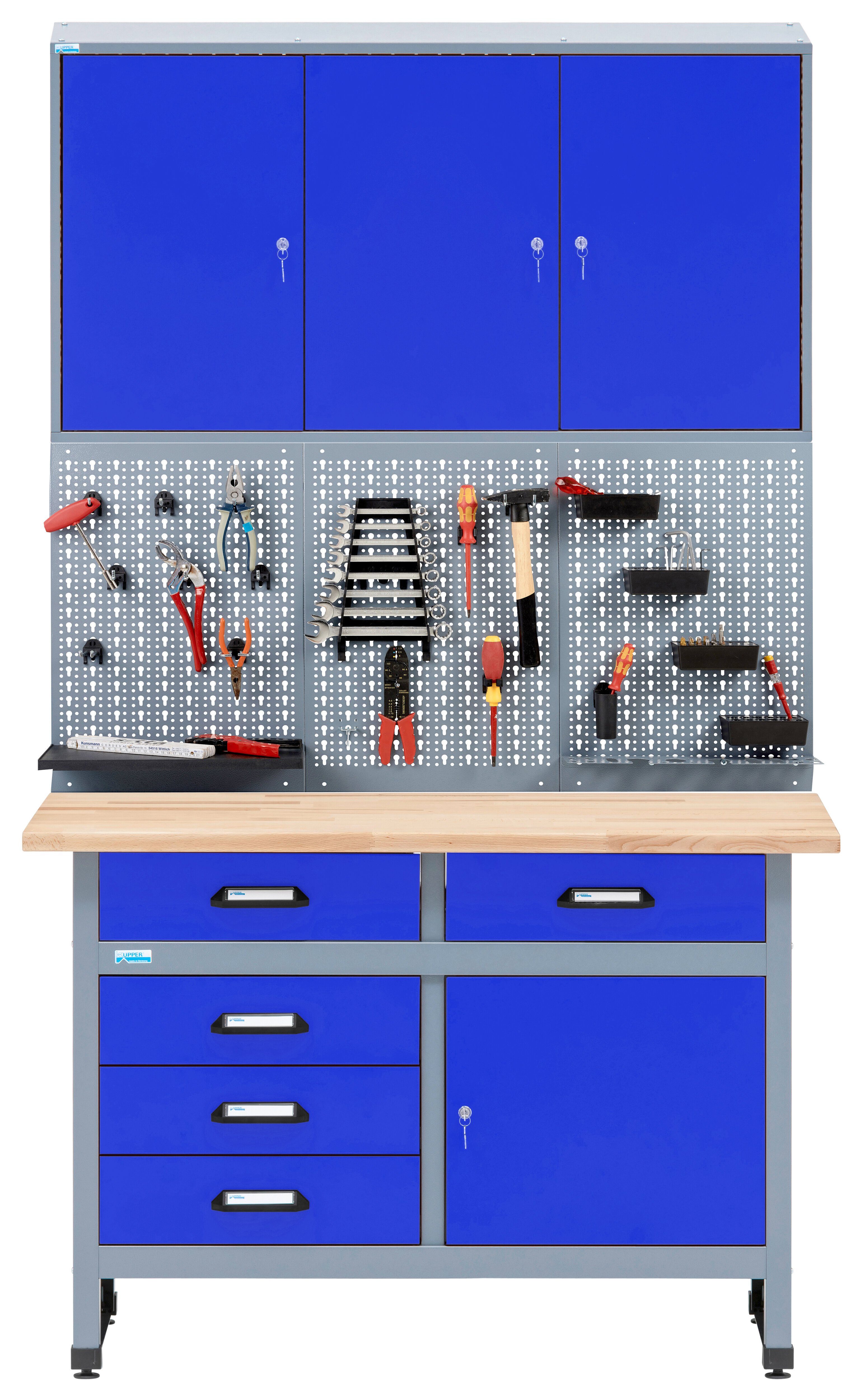 KÜPPER Werkstatt-Set 70424, 120 cm breit, Werkbank, Hängeschrank, Lochwand, (Spar-Set), 30 mm massive Buchenarbeitsplatte