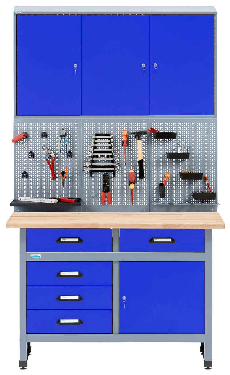 KÜPPER Werkstatt-Set 70424-7, 120 cm breit, Werkbank, Hängeschrank, Lochwand, (Spar-Set), 30 mm massive Buchenarbeitsplatte