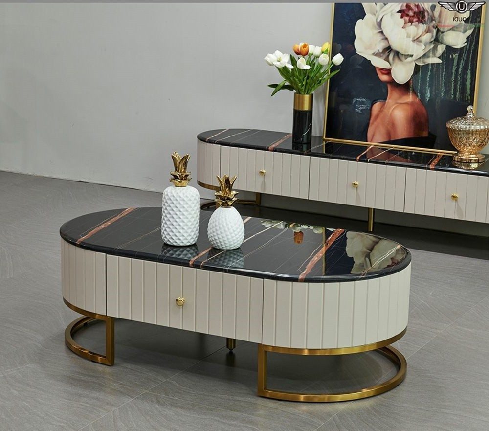 Xlmoebel Couchtisch Ovaler Beistelltisch aus Metall und Holz für das Wohnzimmer, Made in Europa