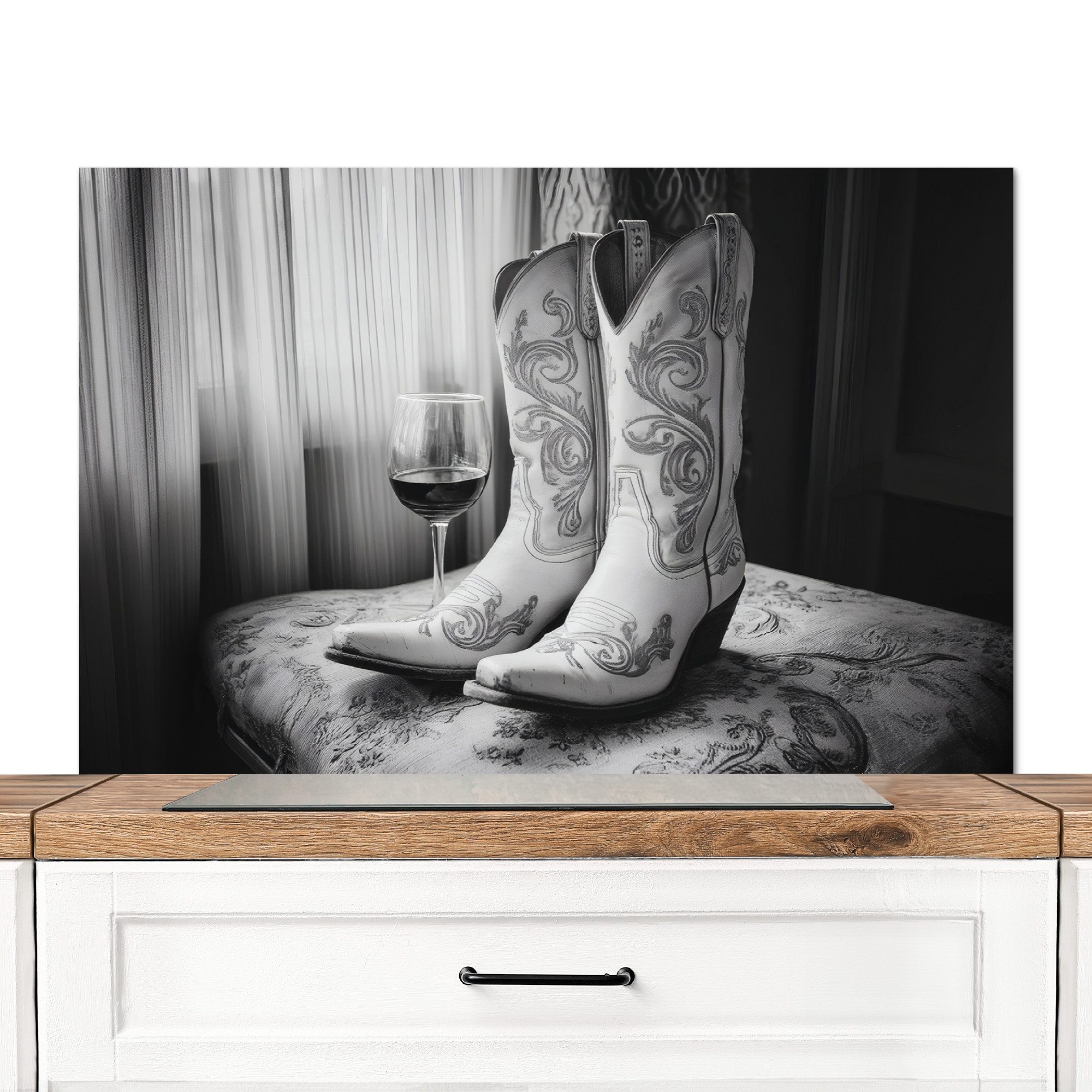 KitchenYeah Küchenrückwand Wein - Cowboystiefel - Fensterlicht - Weiß, (1-tlg), Küchenrückwand, Küchen Zubehör, 100x65 cm