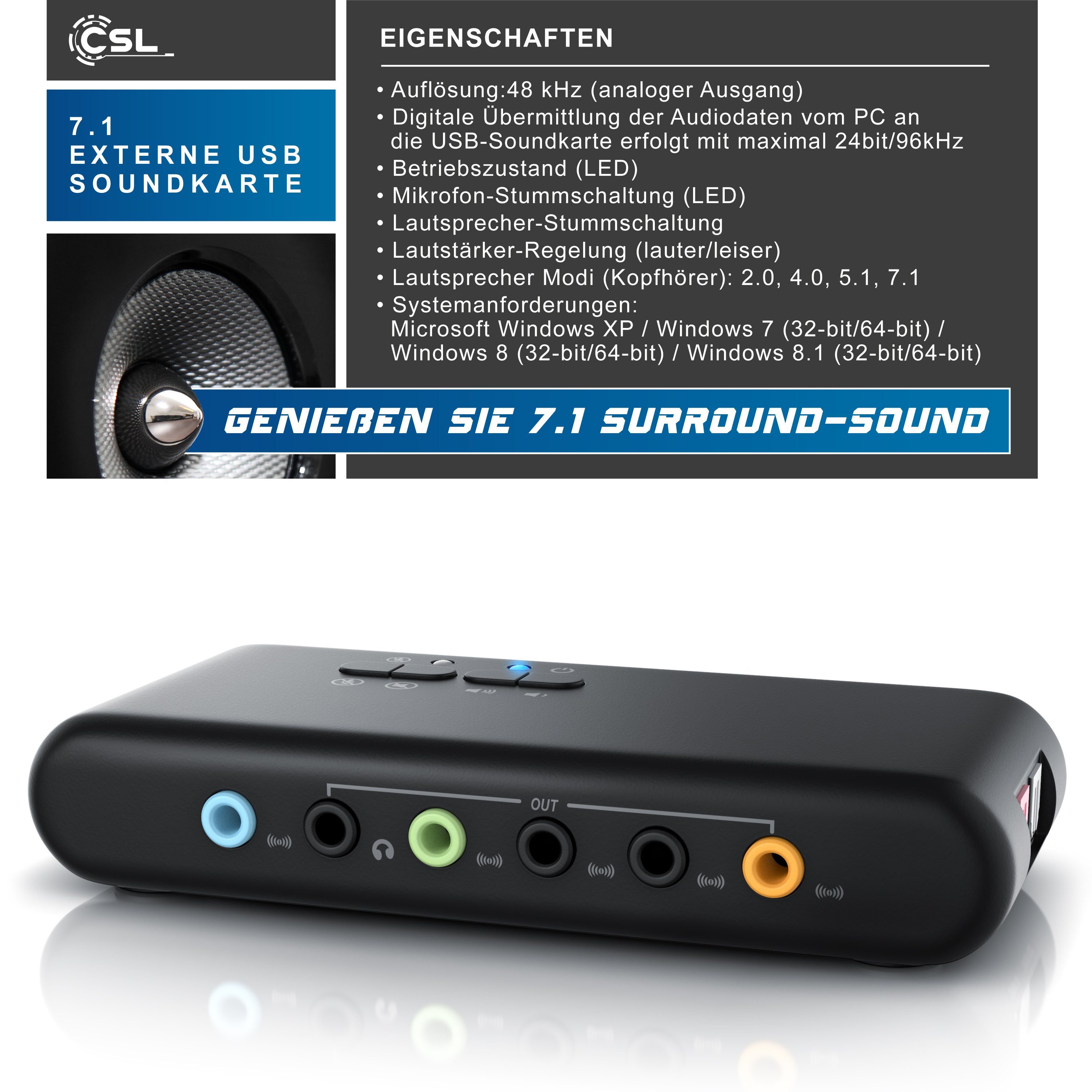 CSL Extern, für bis zu 8 Lautsprecher, analoge und digitale Audiogeräte USB-Soundkarte 7.1 Surround, Aufnahme und Wiedergabe, Dynamic 3D Surround, Treiber