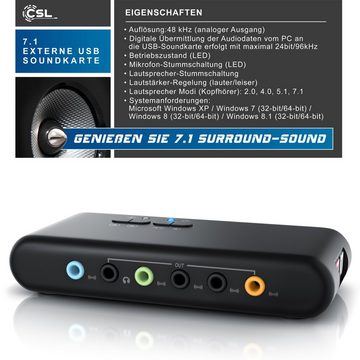 CSL USB-Soundkarte 7.1 Surround, Extern, für bis zu 8 Lautsprecher, Dynamic 3D Surround, Treiber