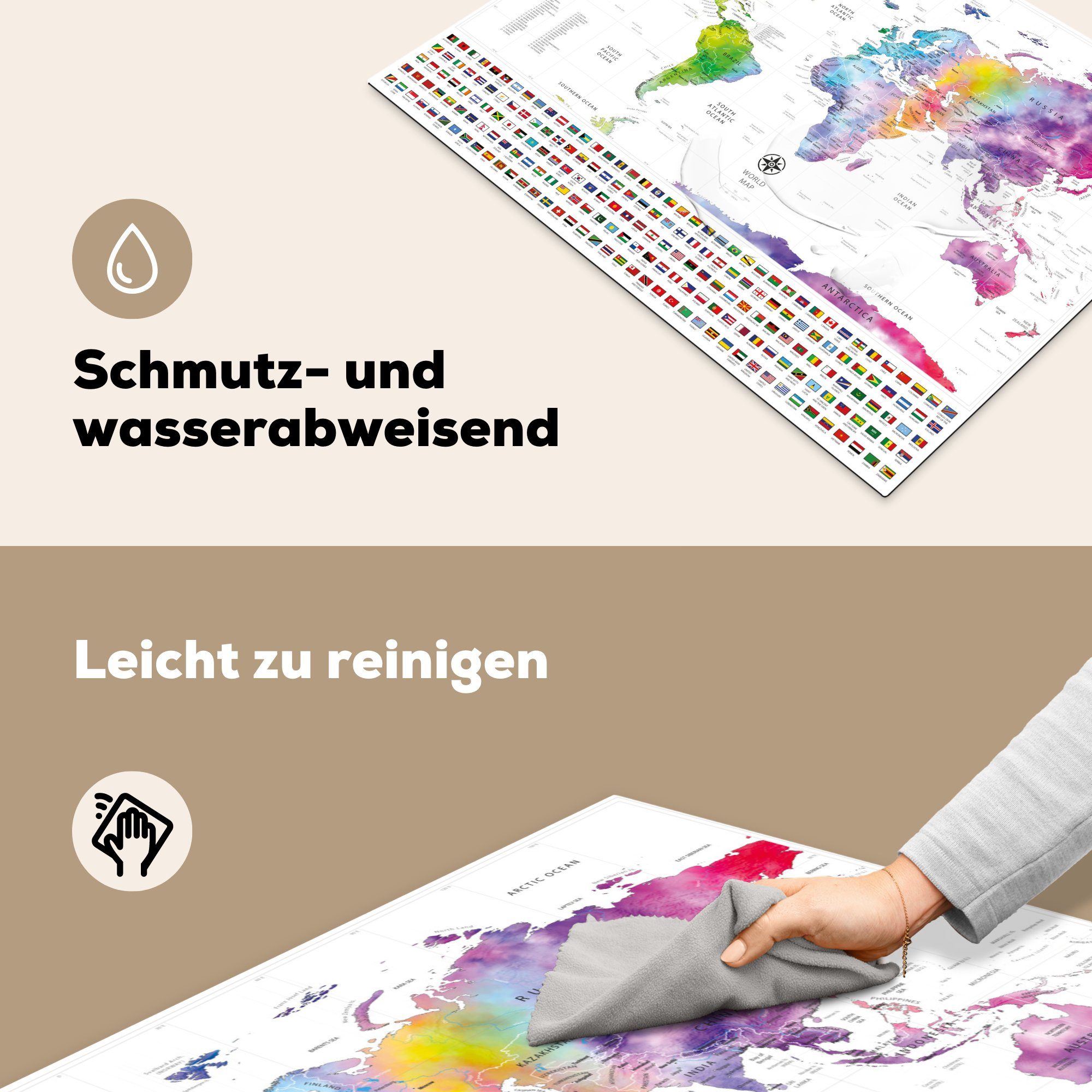 MuchoWow Herdblende-/Abdeckplatte Weltkarte - Aquarell Flagge, Vinyl, - (1 71x52 Induktionskochfeld tlg), Regenbogen Ceranfeldabdeckung Schutz für küche, cm, die 