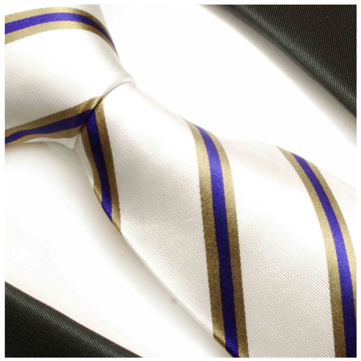 Paul Malone Krawatte Moderne blau gold Herren Seide 782 Seidenkrawatte 100% weiß (8cm), gestreift Breit