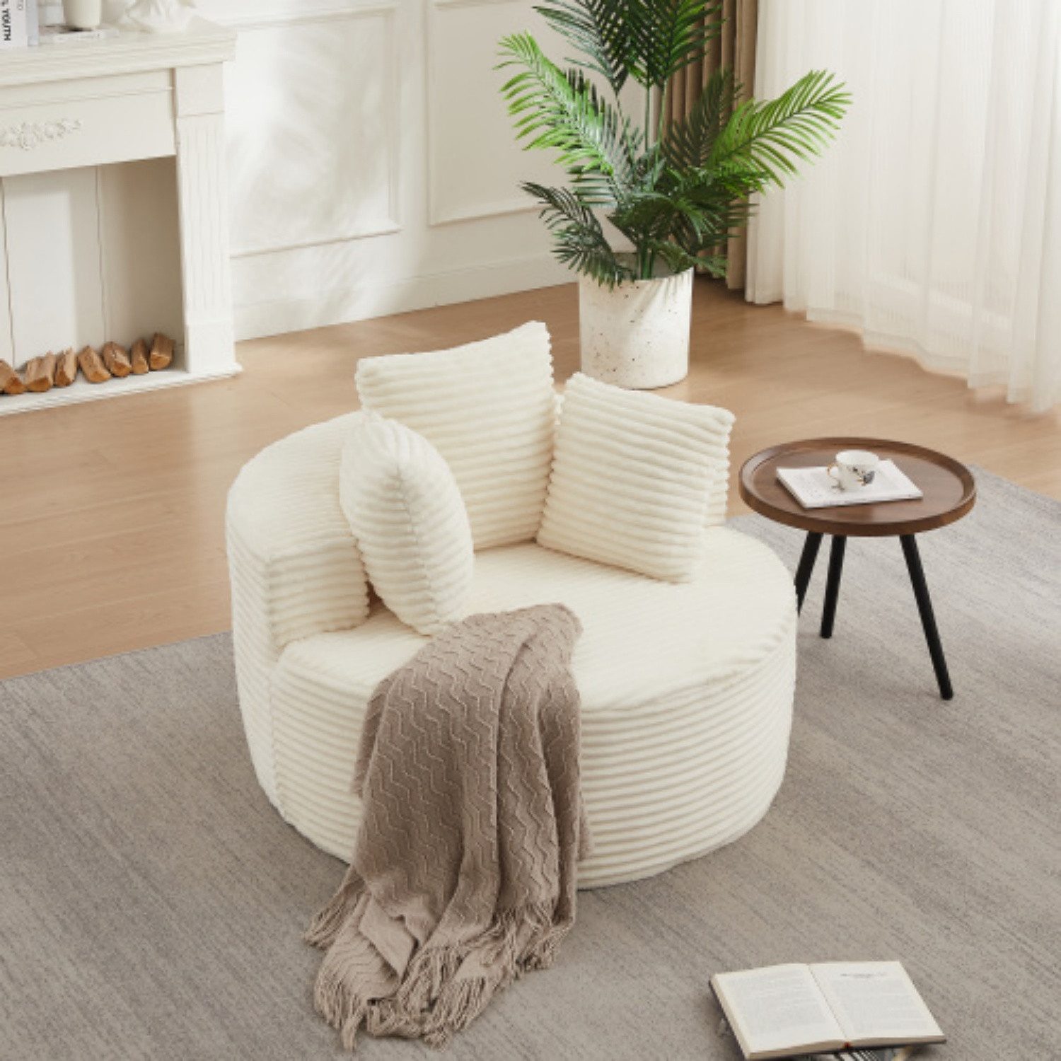 ANYSUN XXL-Sessel Rundsessel aus Cord, 110 cm, 3 Zierkissen, für Wohn- & Schlafzimmer, Federkern & Schaumstoff, bis 150 kg, rutschhemmend, montagefrei