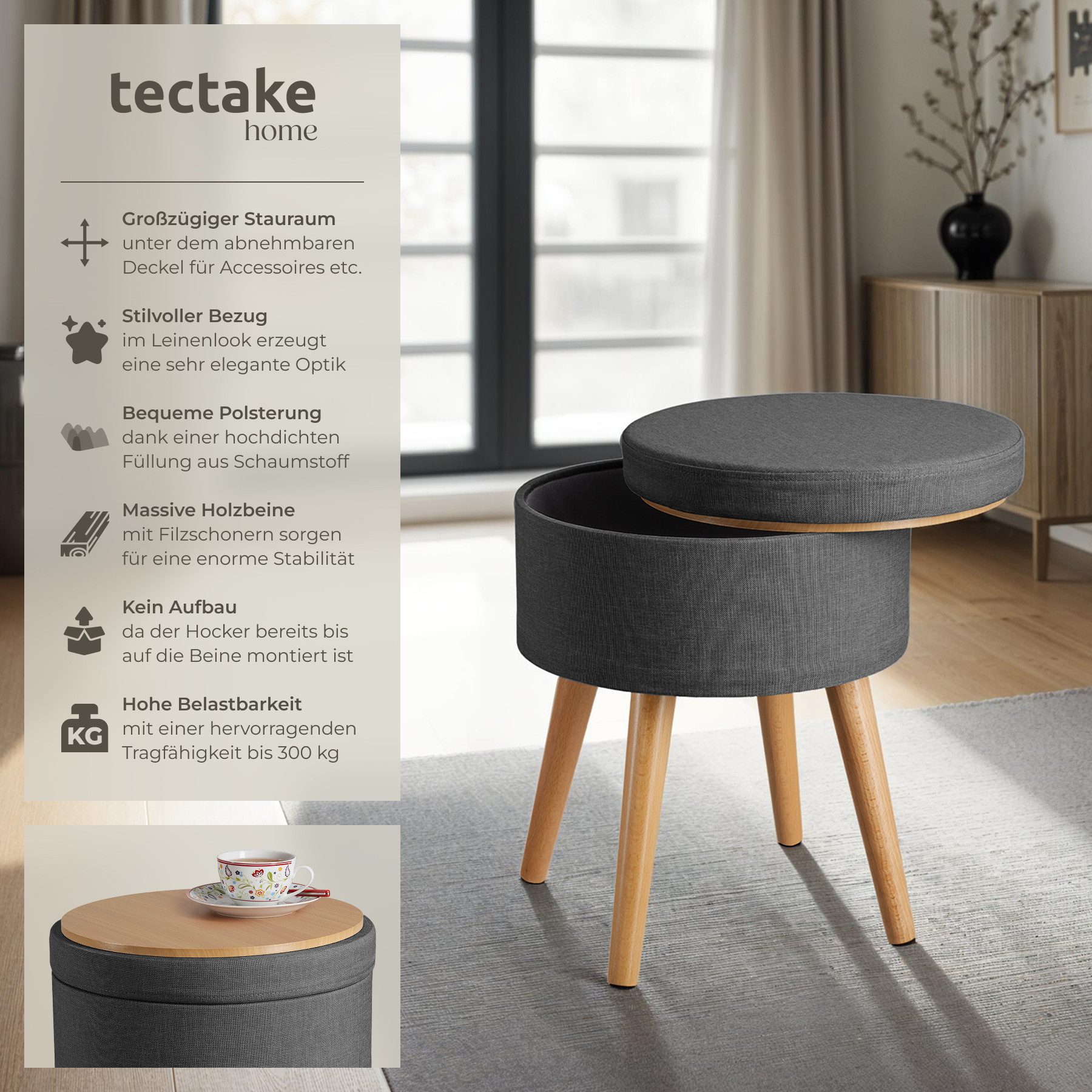 tectake Sitzhocker Schminkhocker Yara gepolstert in Leinenoptik 300kg mit Stauraum, rund
