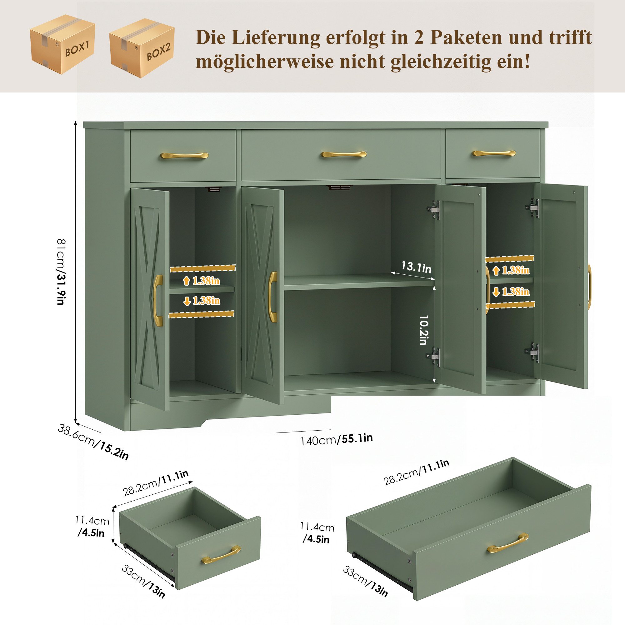 HOMECHO Sideboard, 140cm Breite Küchenschrank 3 Schubladen 4 Türen, Verstellbaren Regalen