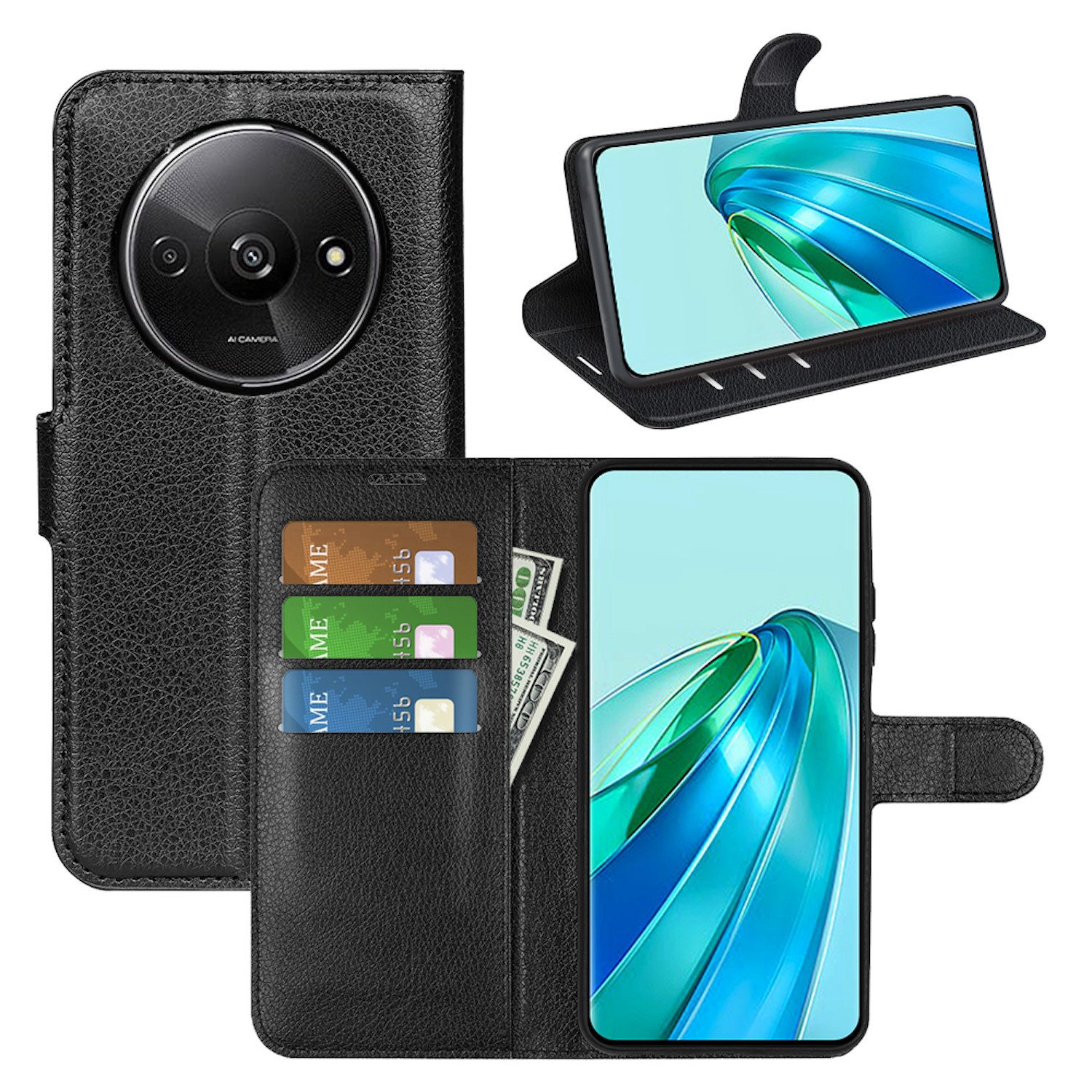 Wigento Smartphone-Hülle Für Xiaomi Redmi A3 Kunst Leder Book Wallet Schutz Tasche Case Schwarz