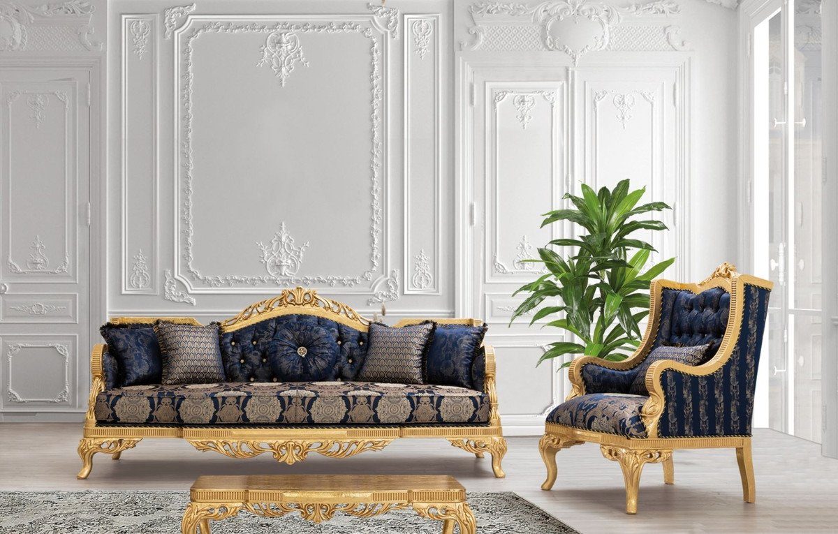 Casa Padrino Sofa Luxus Barock H. cm x / Glitzersteinen dekorativen Kissen Sofa Barock 93 und Möbel - Gold Wohnzimmer Dunkelblau x 108 228 mit