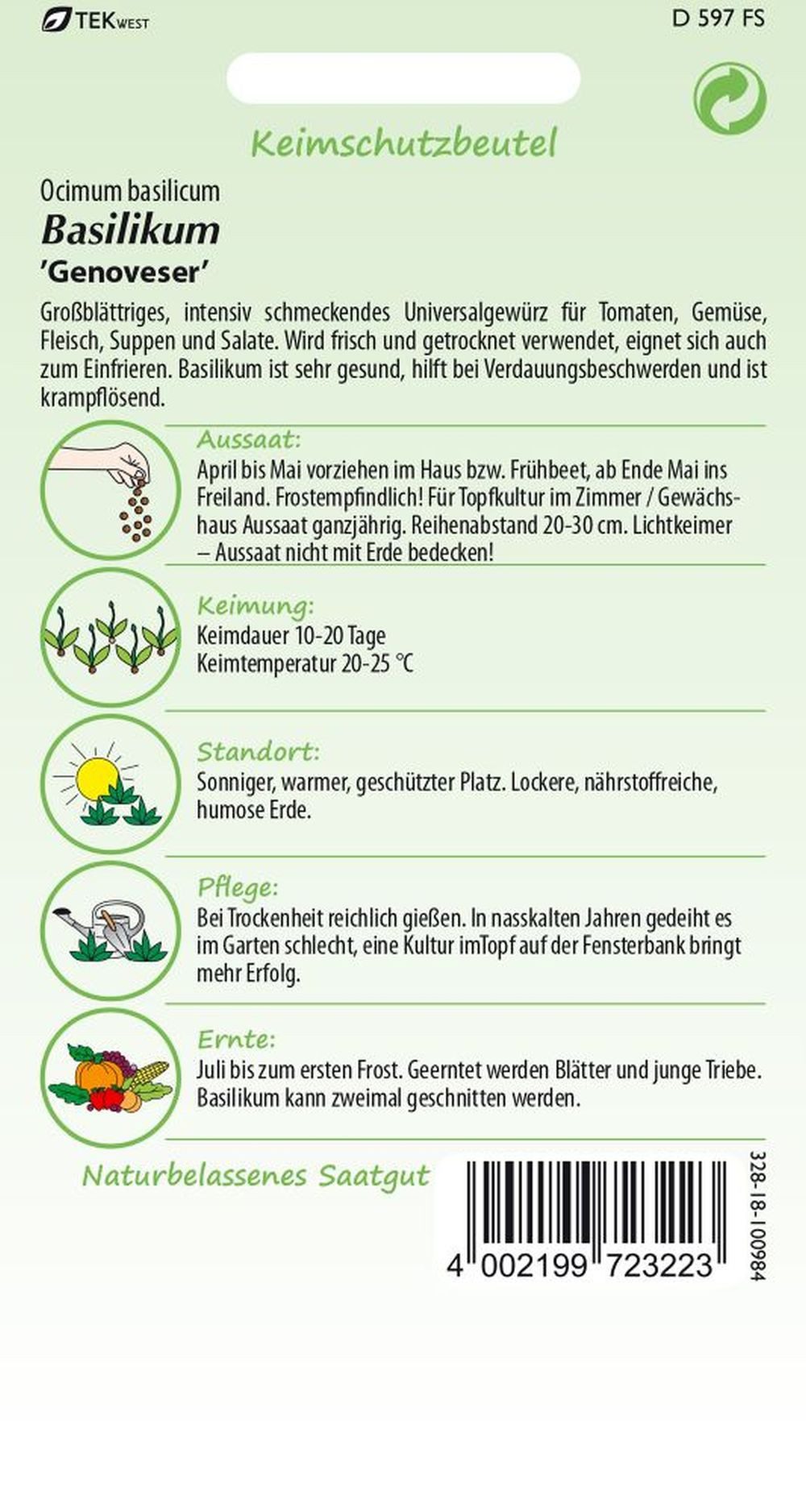 SAMEN PFANN Kräutersamen Basilikum, Genoveser - Basilikum-Samen Gewürz Saatgut Samen, Ocimum basilicum