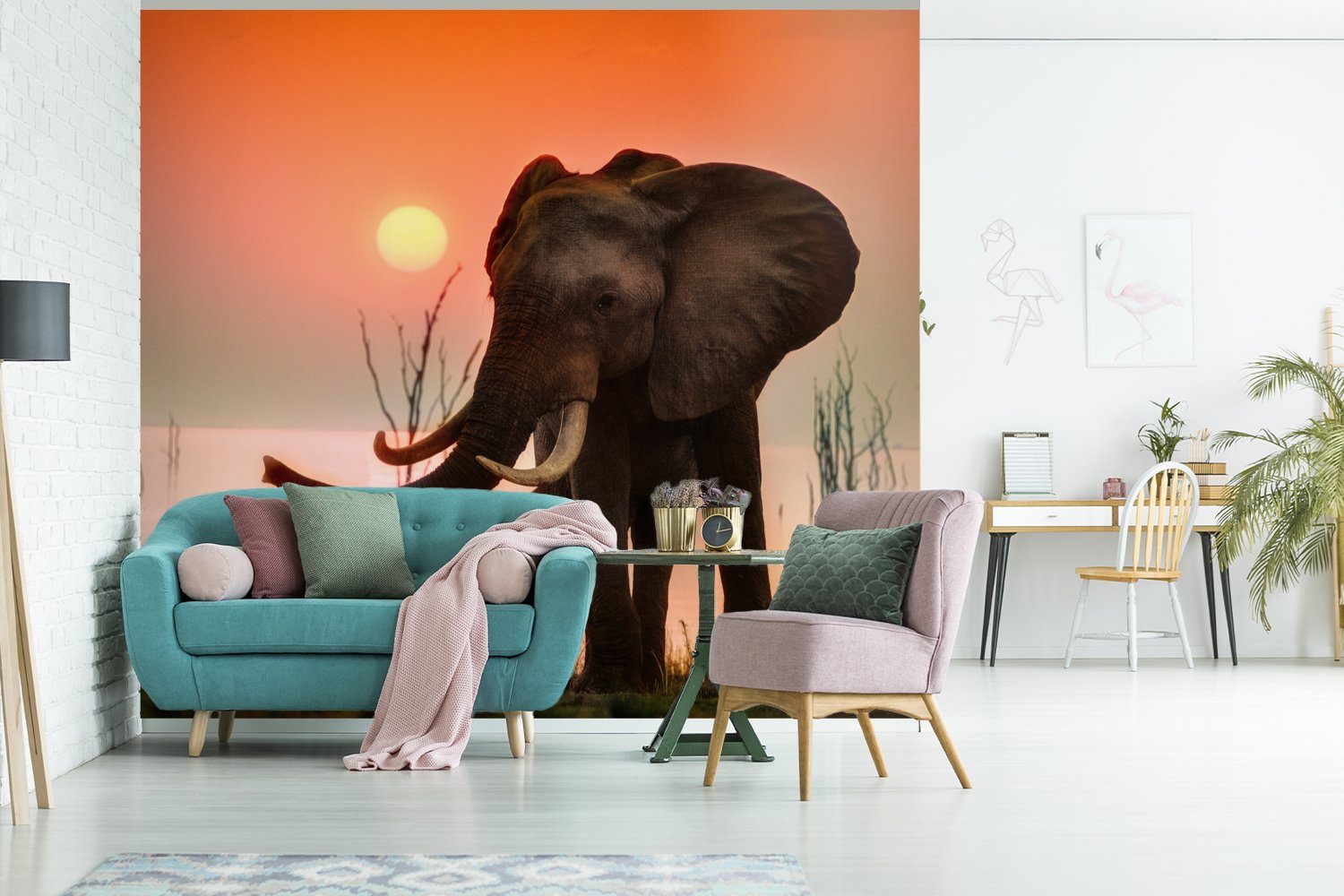 MuchoWow Fototapete Elefant - Tiere Wohnzimmer, St), für Sonnenuntergang, (5 Matt, Vinyl Tapete Wasser - bedruckt, Montagefertig - Wandtapete