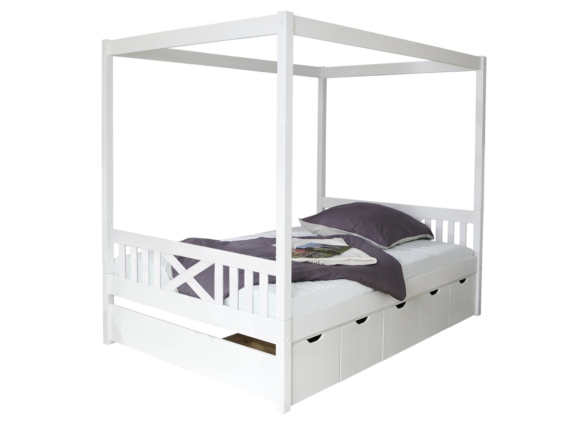 Ticaa Himmelbett Himmelbett Lino Kiefer Weiß 140x200, Oberer Teil abnehmbar und als Einzelbett stellbar