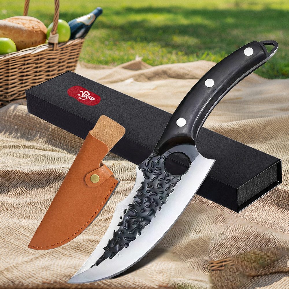 MDHAND Ausbeinmesser Schlachtmesser – Handgeschmiedetes Küchenmesser inkl. Lederscheide, Full-Tang-Konstruktion aus einem Stück, Ideal für Outdoor, BBQ