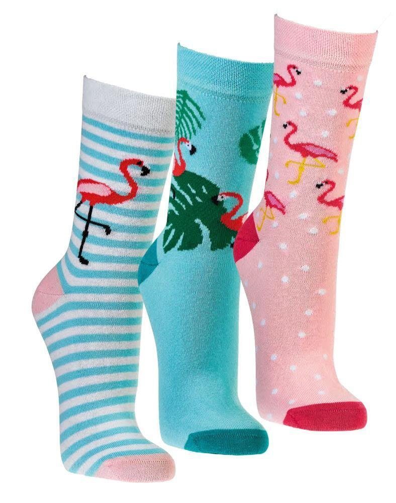 Socks 4 Fun Socken 3 Paar Socken mit Flamingo-Motiv Damen und Teenager mit Baumwolle (3 Paar)