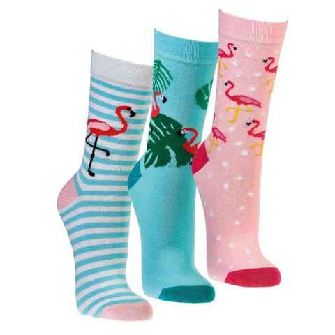 Socks 4 Fun Socken 3 Paar Socken mit Flamingo-Motiv Damen und Teenager mit Baumwolle (3 Paar)