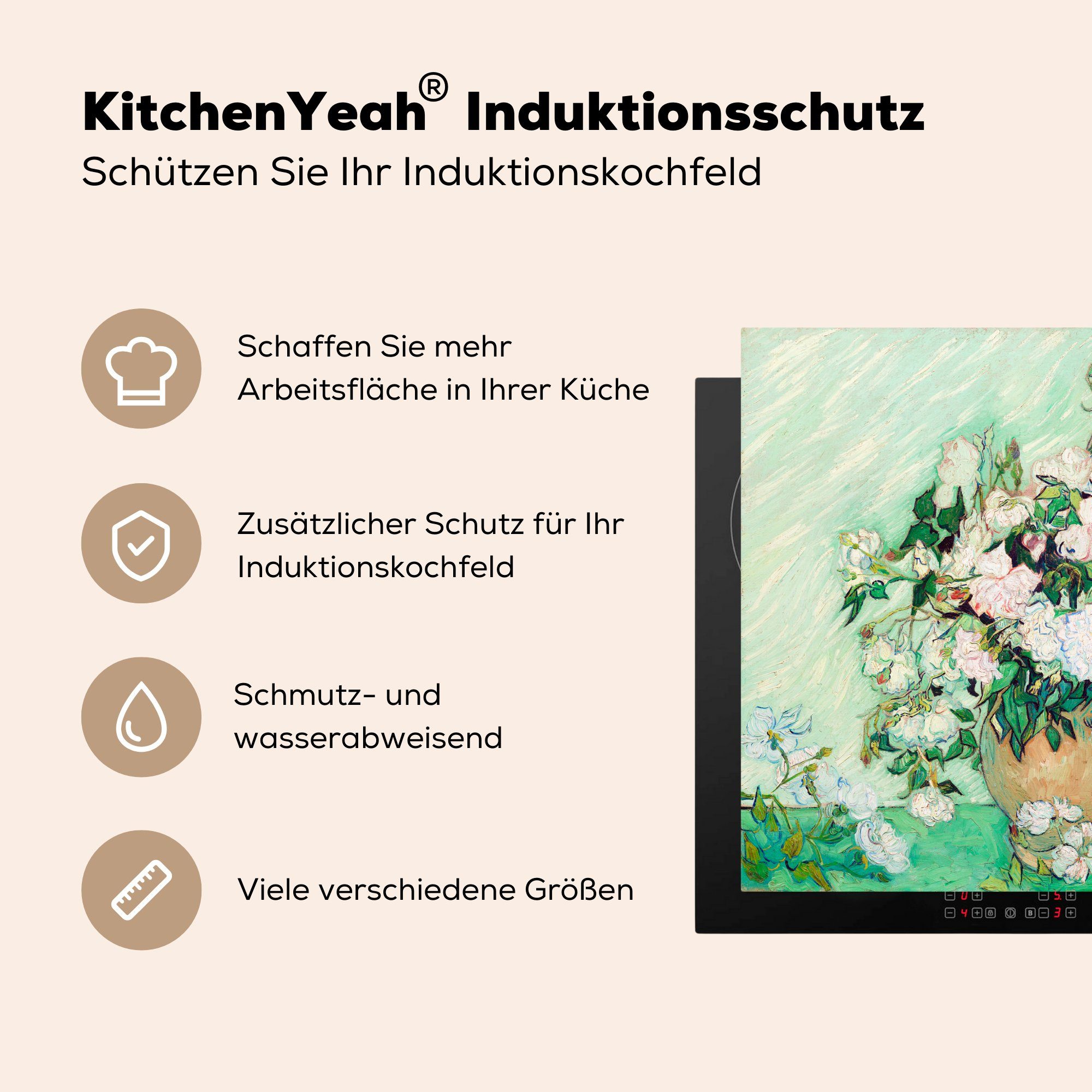 Herdblende-/Abdeckplatte Ceranfeldabdeckung für - küche, Vase Gogh, Vincent cm, (1 Rosen Vinyl, MuchoWow van mit Induktionsmatte tlg), 59x52 die